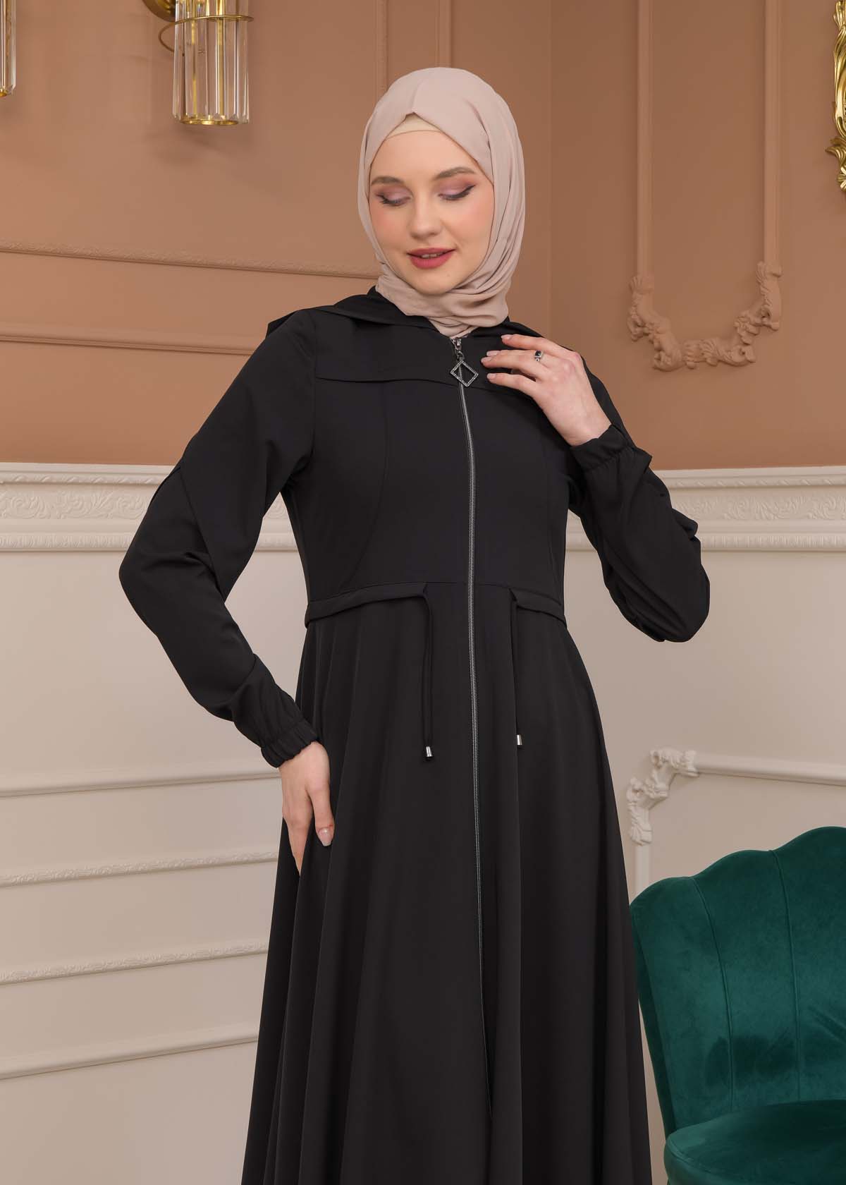 Modest Abaya With Flared Sleeve Detail 677 Siyah