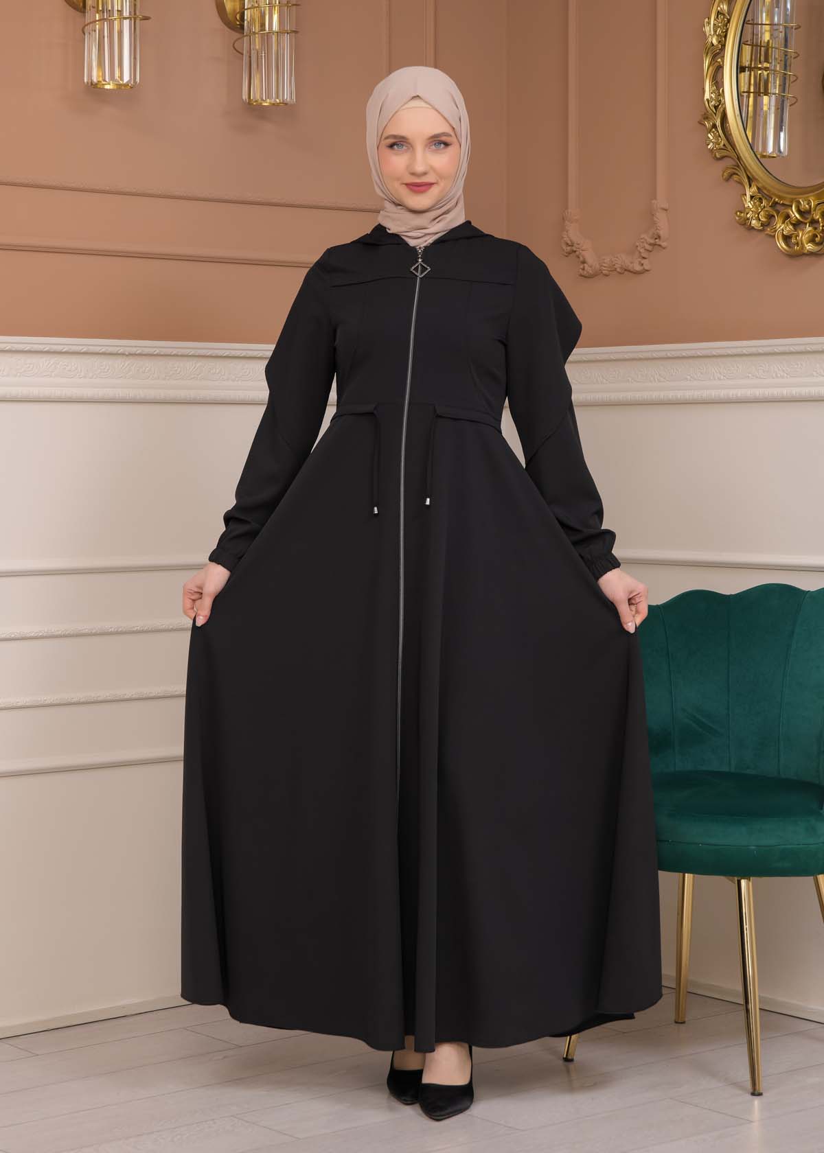 Modest Abaya With Flared Sleeve Detail 677 Siyah