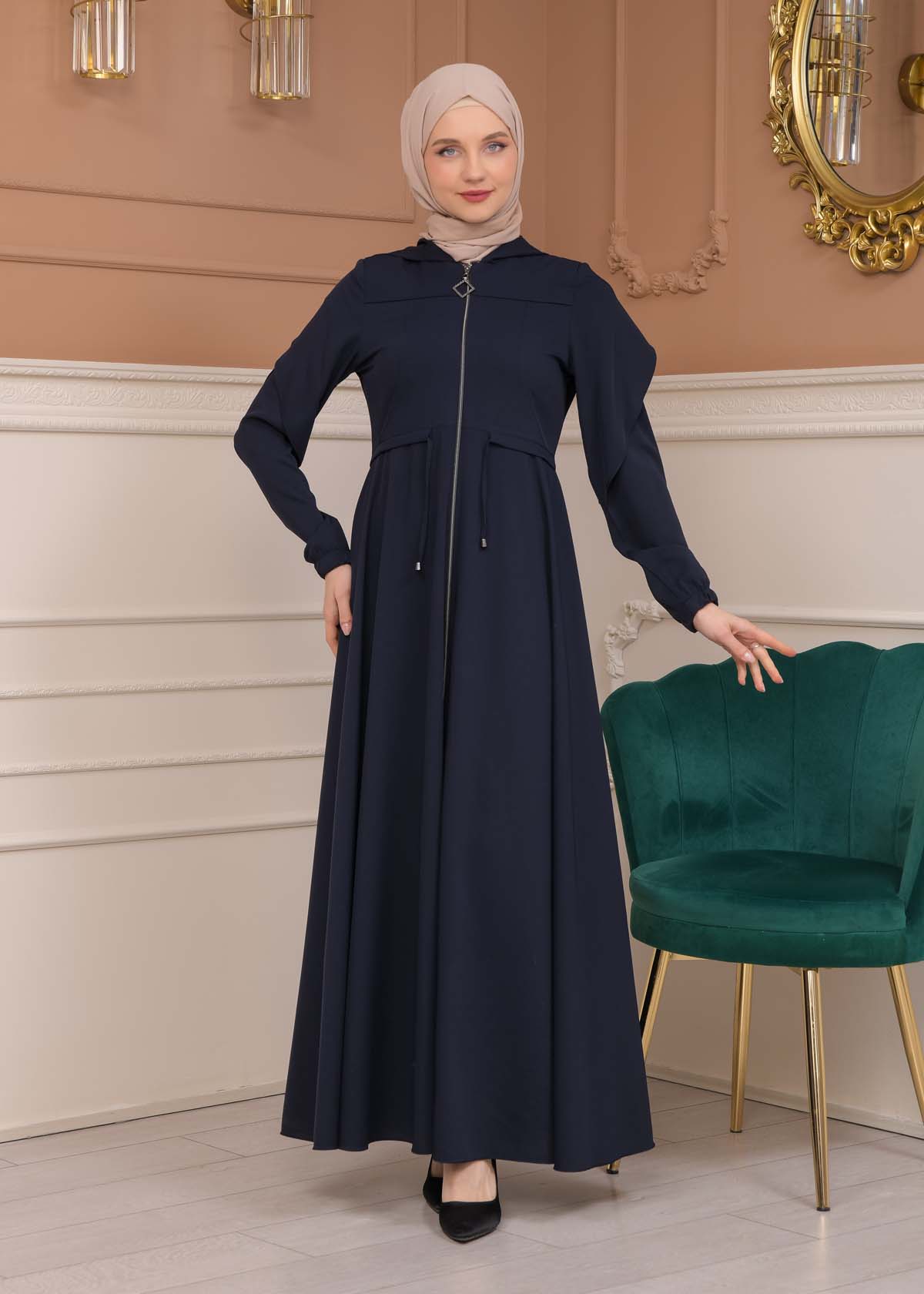 Modest Abaya With Flared Sleeve Detail 677 Lacivert