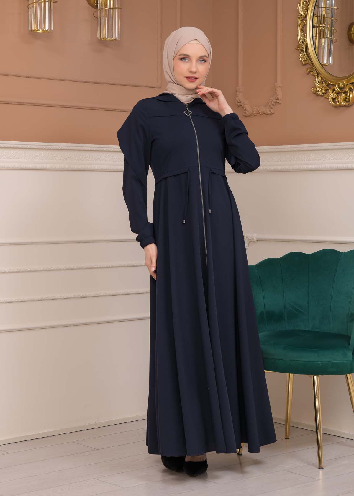 Modest Abaya With Flared Sleeve Detail 677 Lacivert