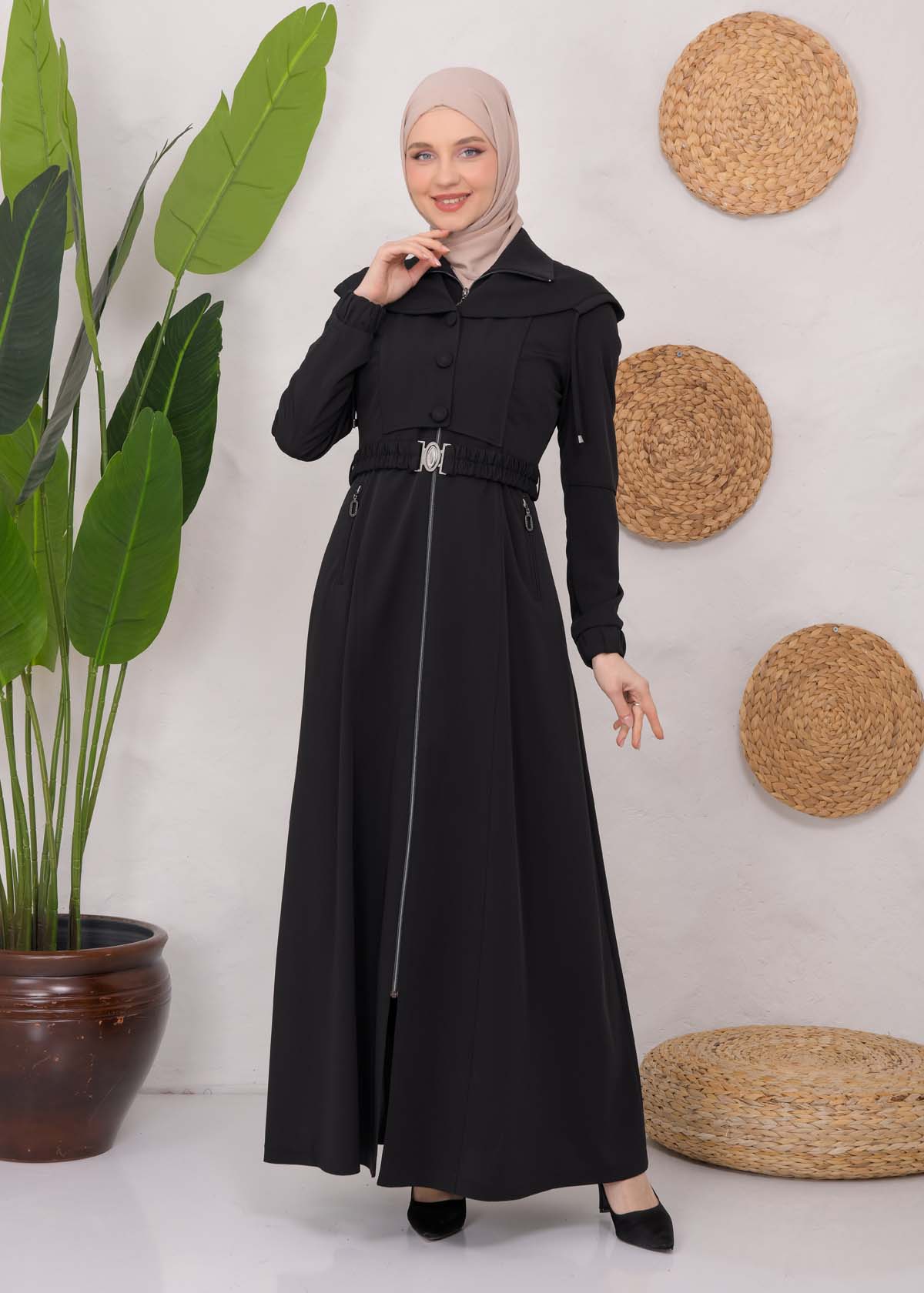 Modest Topcoat With Buttoned Detail 1220 Siyah