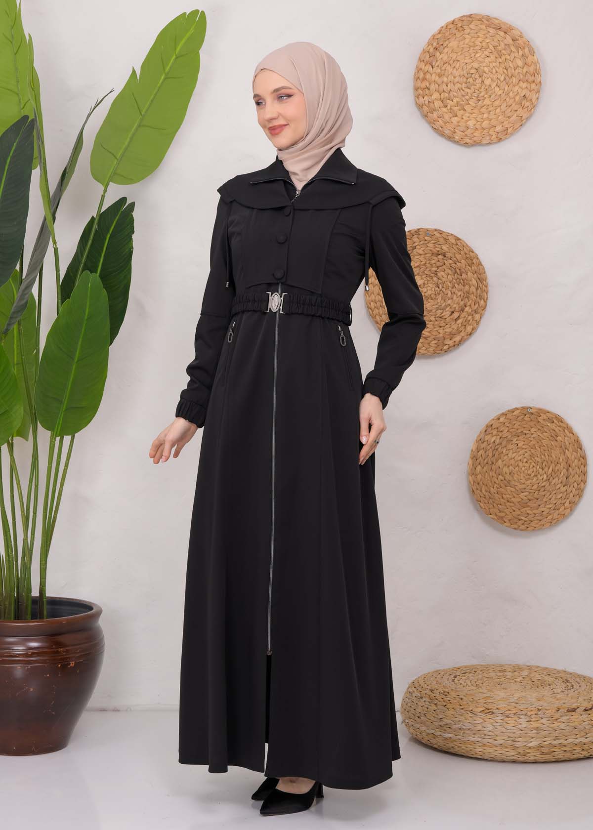 Modest Topcoat With Buttoned Detail 1220 Siyah