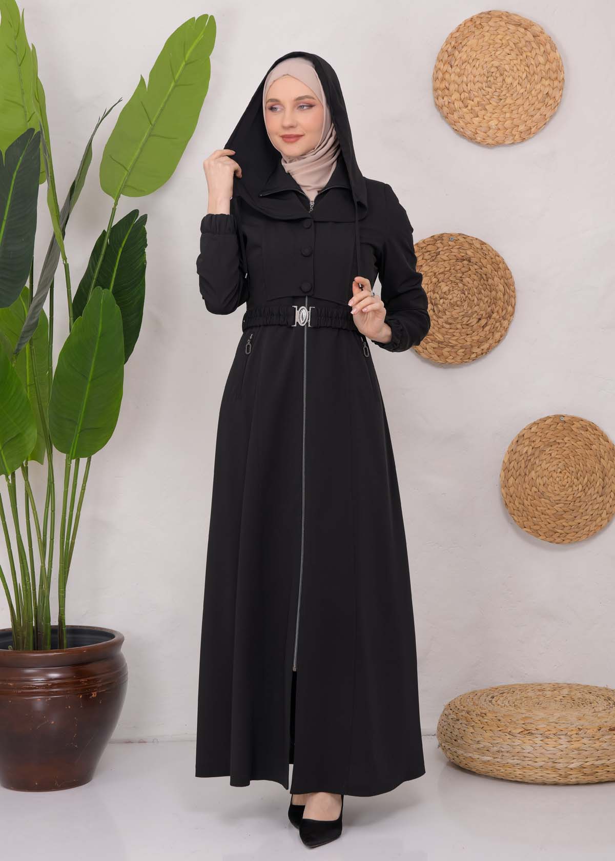 Modest Topcoat With Buttoned Detail 1220 Siyah