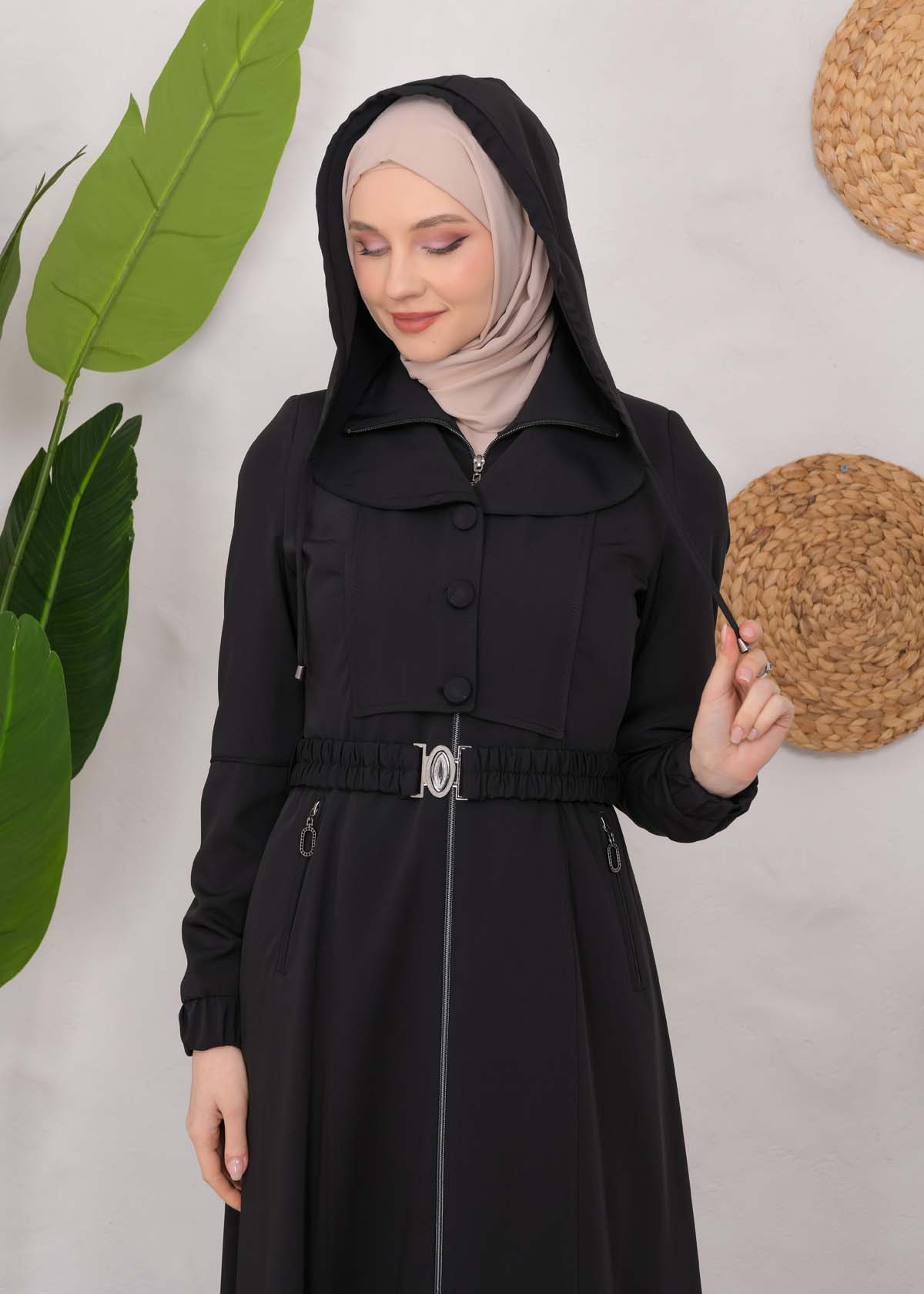 Modest Topcoat With Buttoned Detail 1220 Siyah