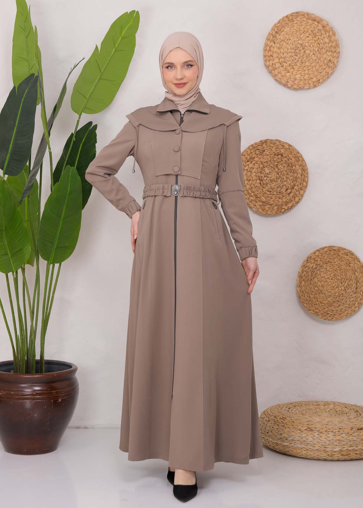 Modest Topcoat With Buttoned Detail 1220 Bej