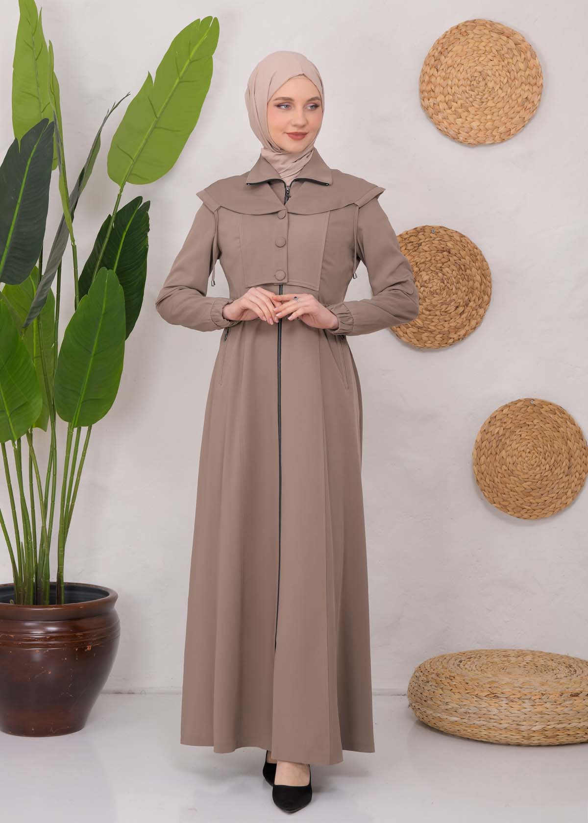 Modest Topcoat With Buttoned Detail 1220 Bej