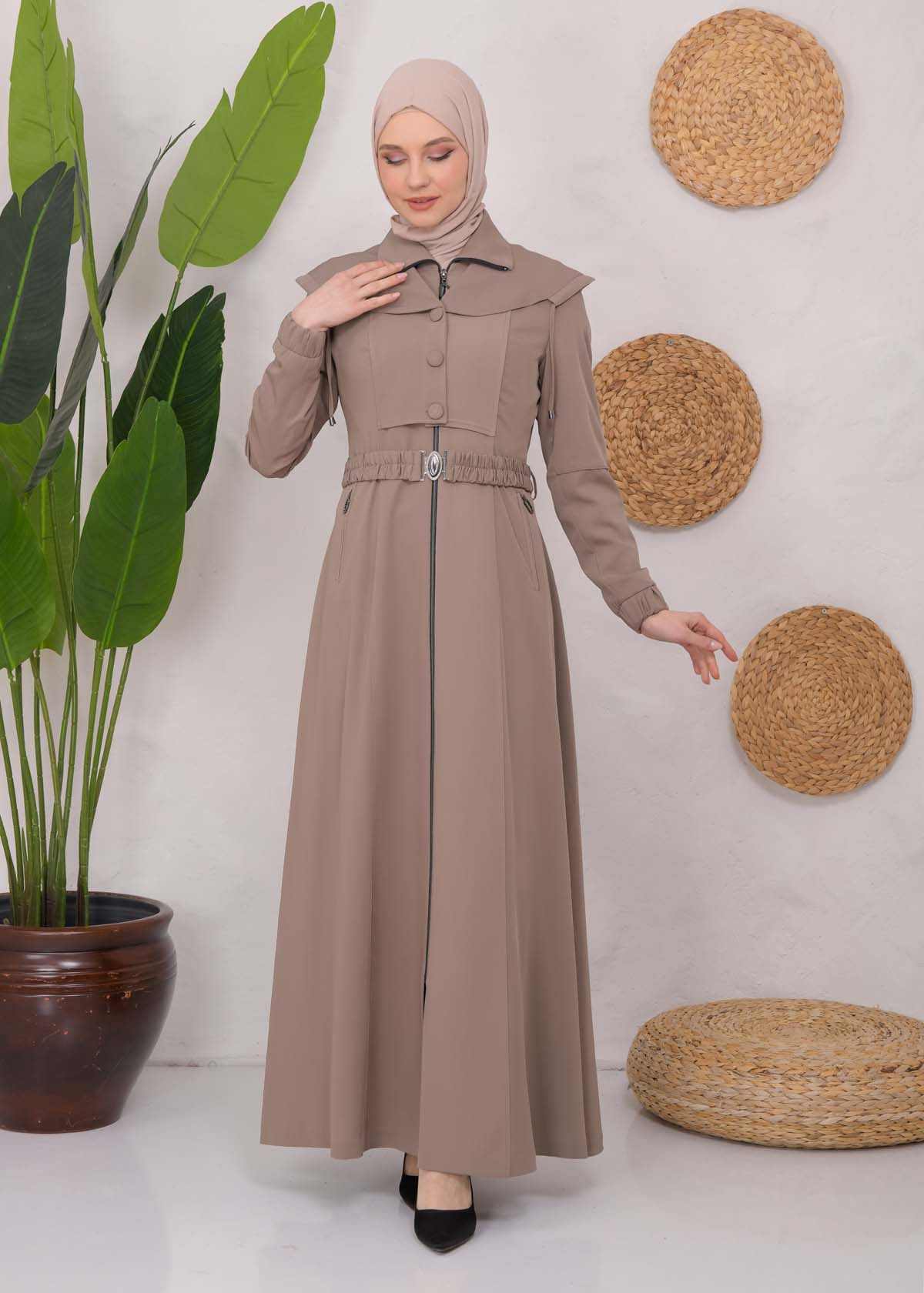 Modest Topcoat With Buttoned Detail 1220 Bej