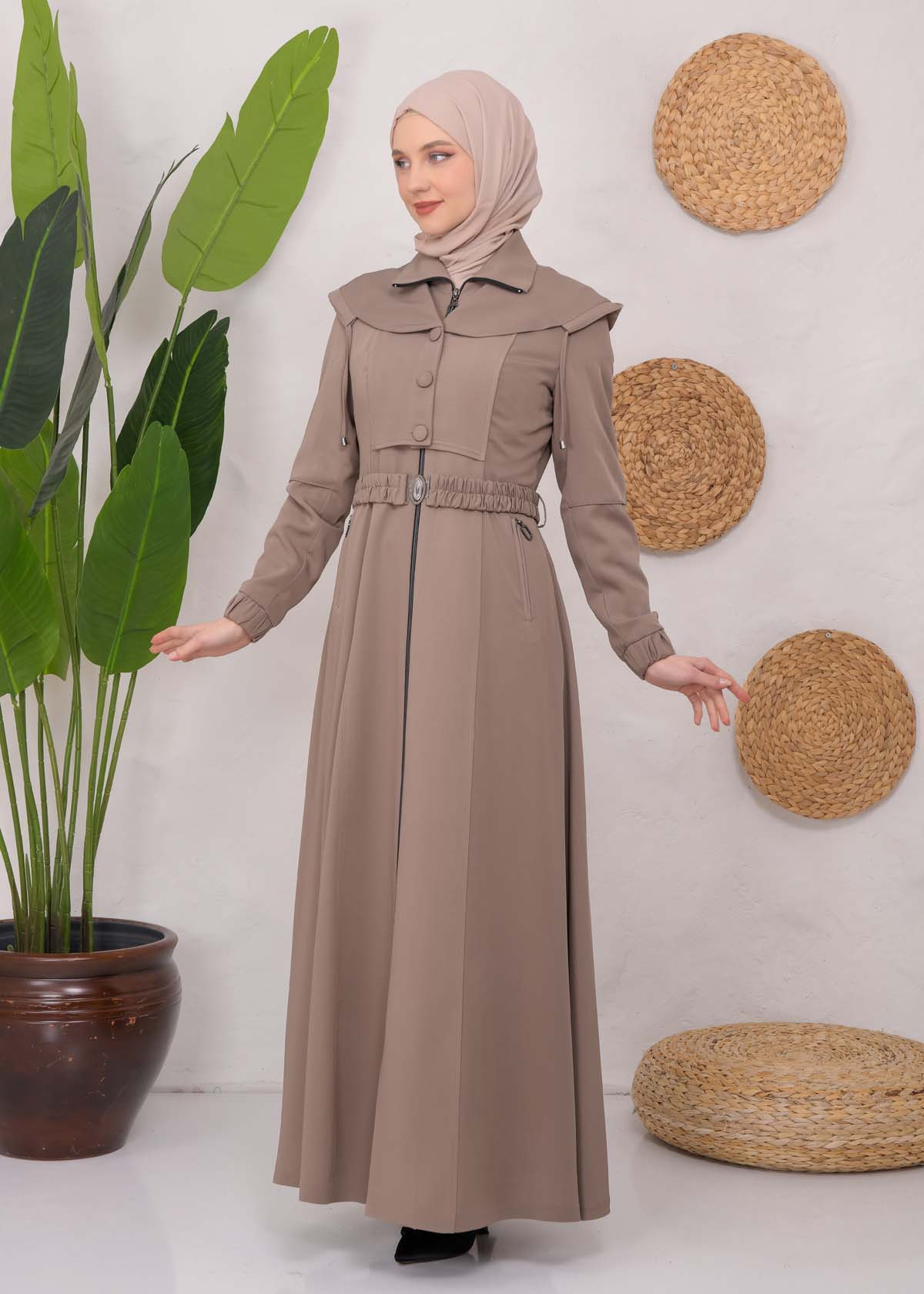 Modest Topcoat With Buttoned Detail 1220 Bej