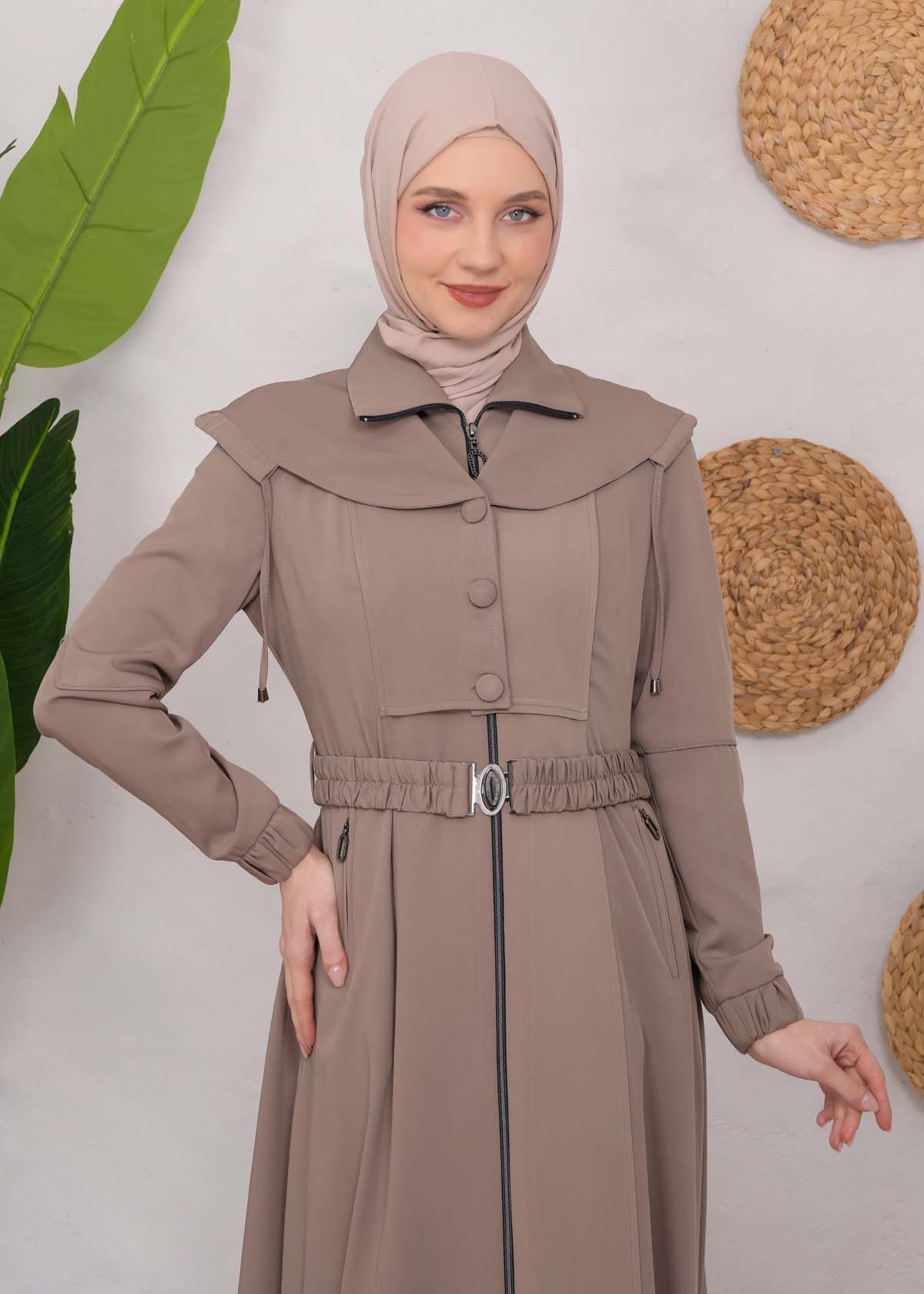 Modest Topcoat With Buttoned Detail 1220 Bej