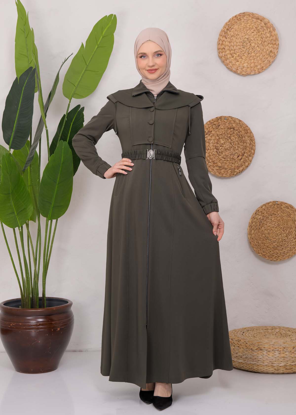 Modest Topcoat With Buttoned Detail 1220 Haki