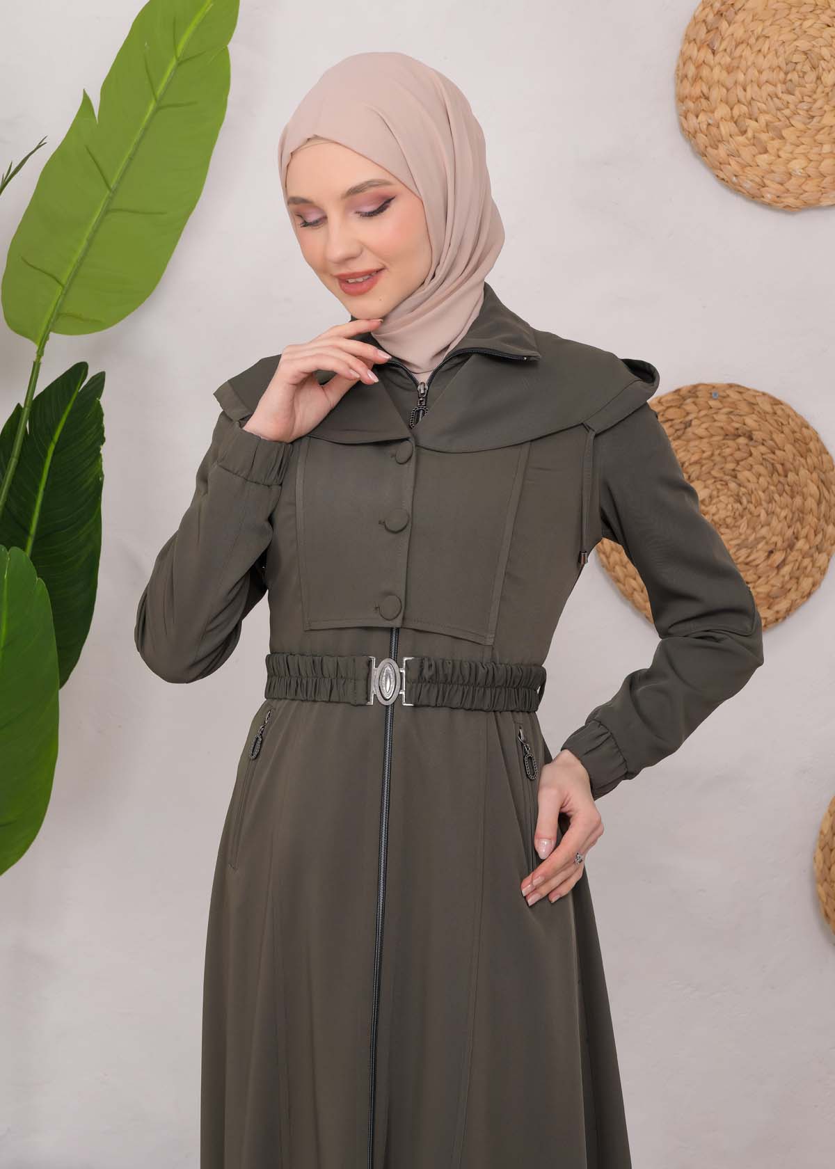 Modest Topcoat With Buttoned Detail 1220 Haki