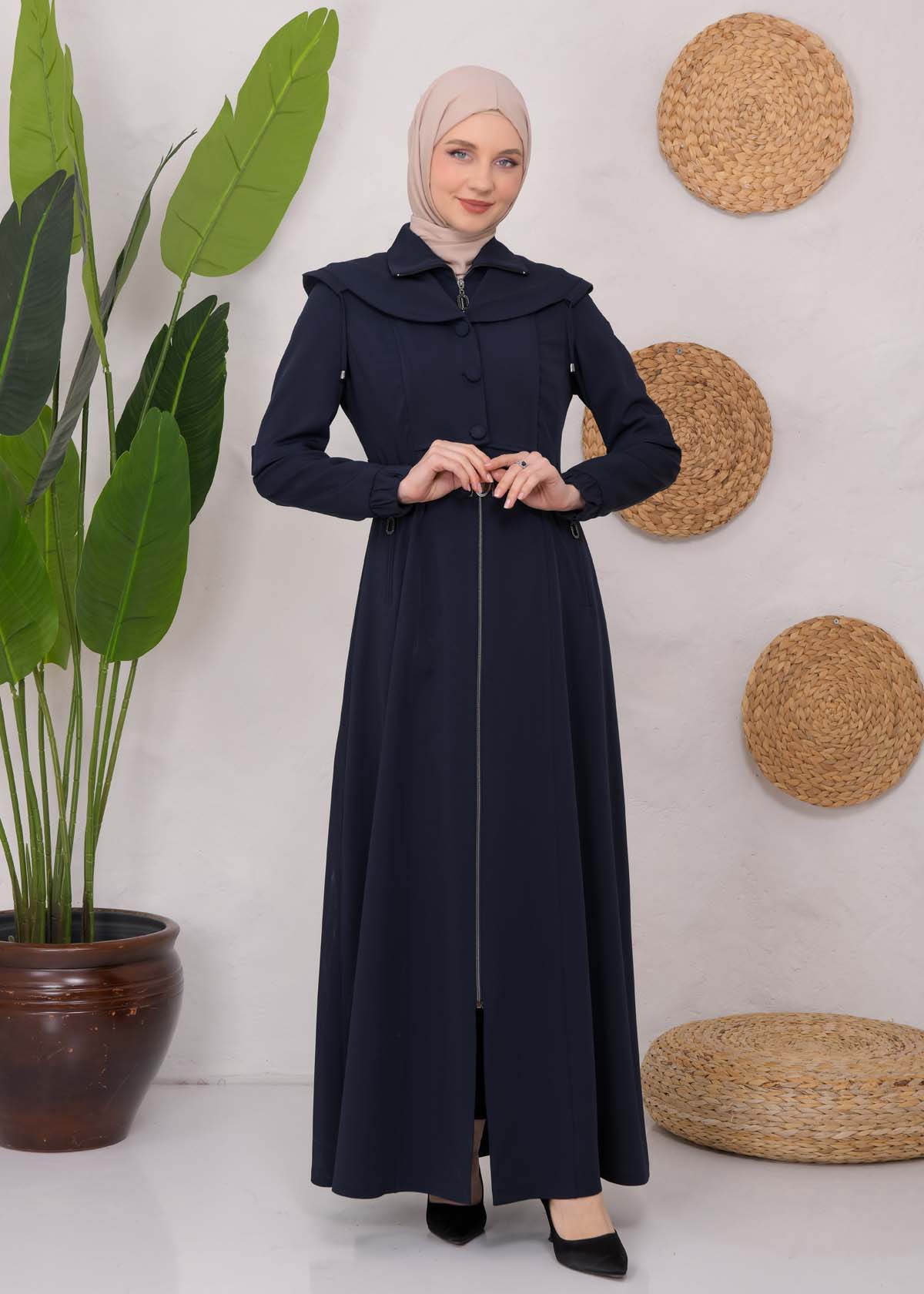 Modest Topcoat With Buttoned Detail 1220 Lacivert