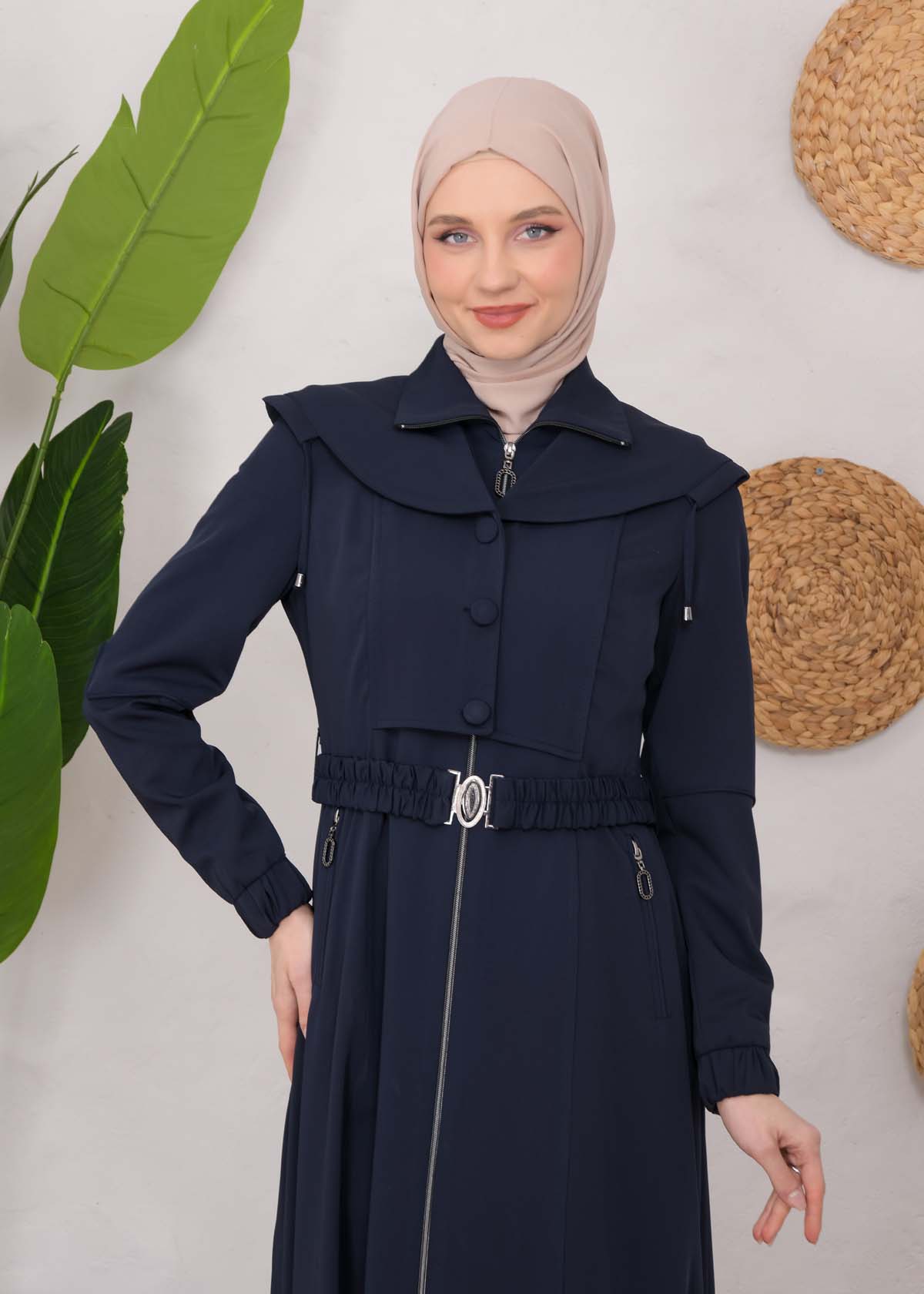 Modest Topcoat With Buttoned Detail 1220 Lacivert