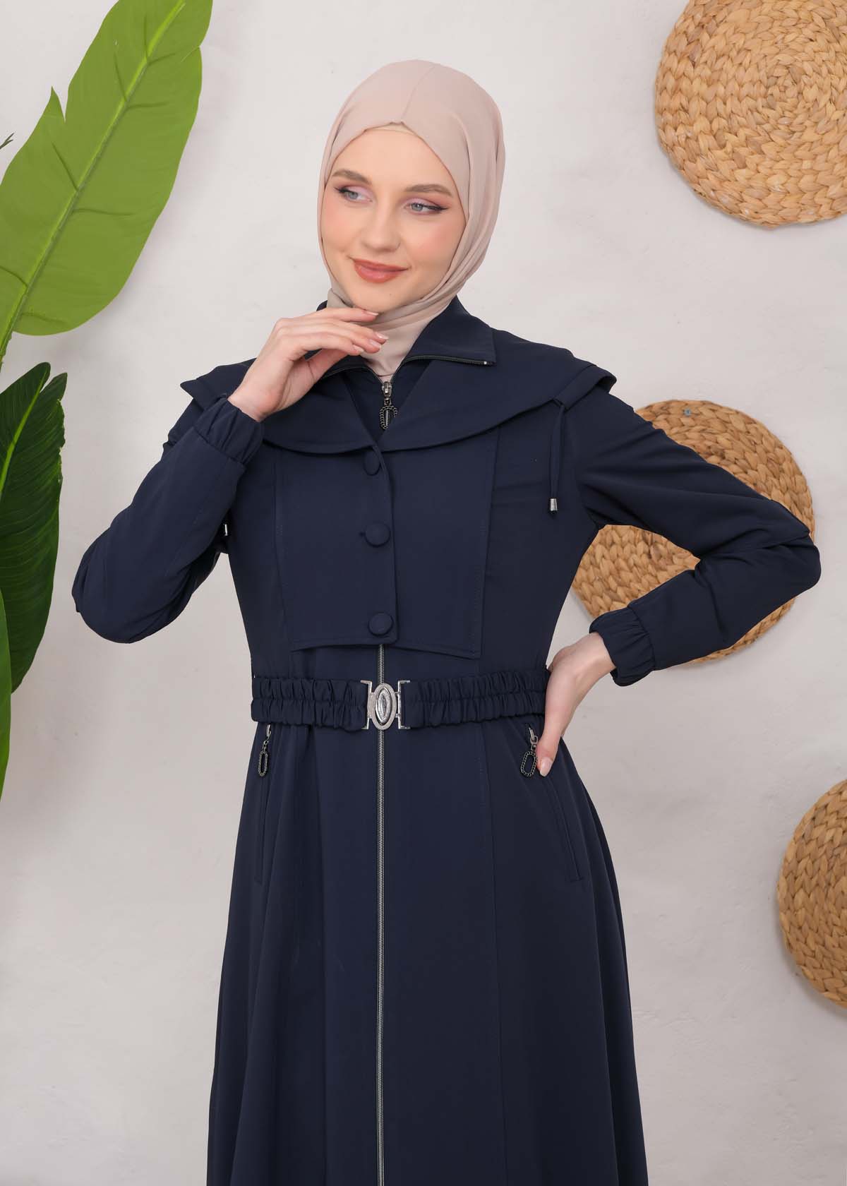 Modest Topcoat With Buttoned Detail 1220 Lacivert