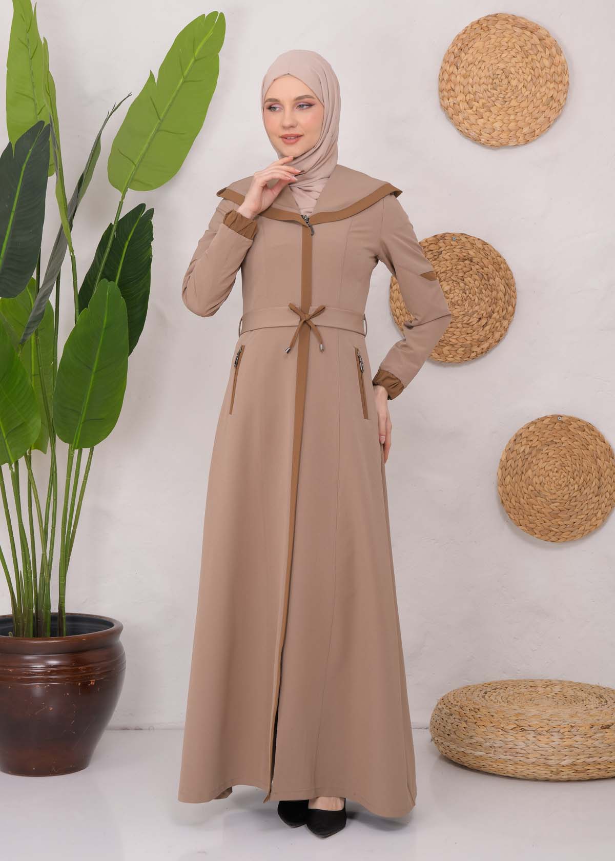 Modest linen  trench coat 1221 Açık kahverengi