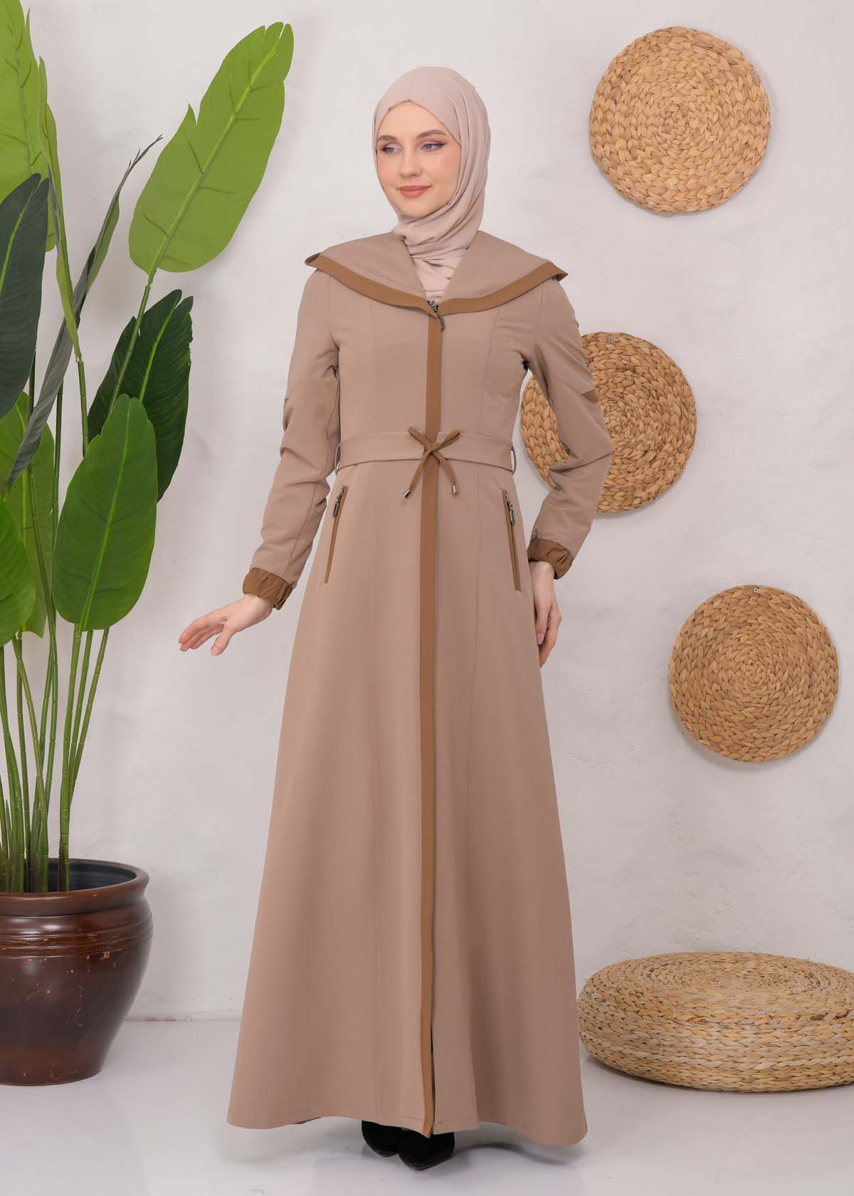 Modest linen  trench coat 1221 Açık kahverengi