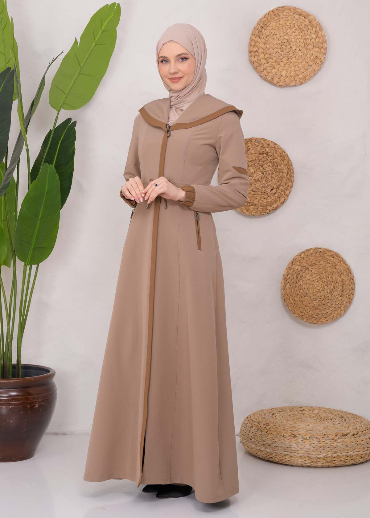 Modest linen  trench coat 1221 Açık kahverengi