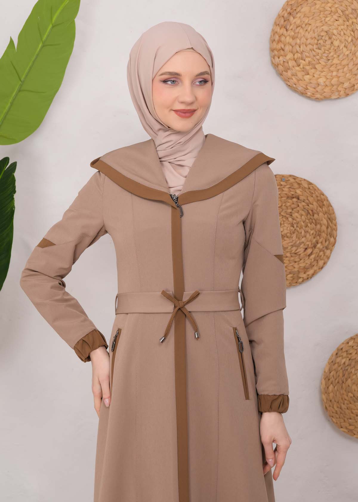 Modest linen  trench coat 1221 Açık kahverengi