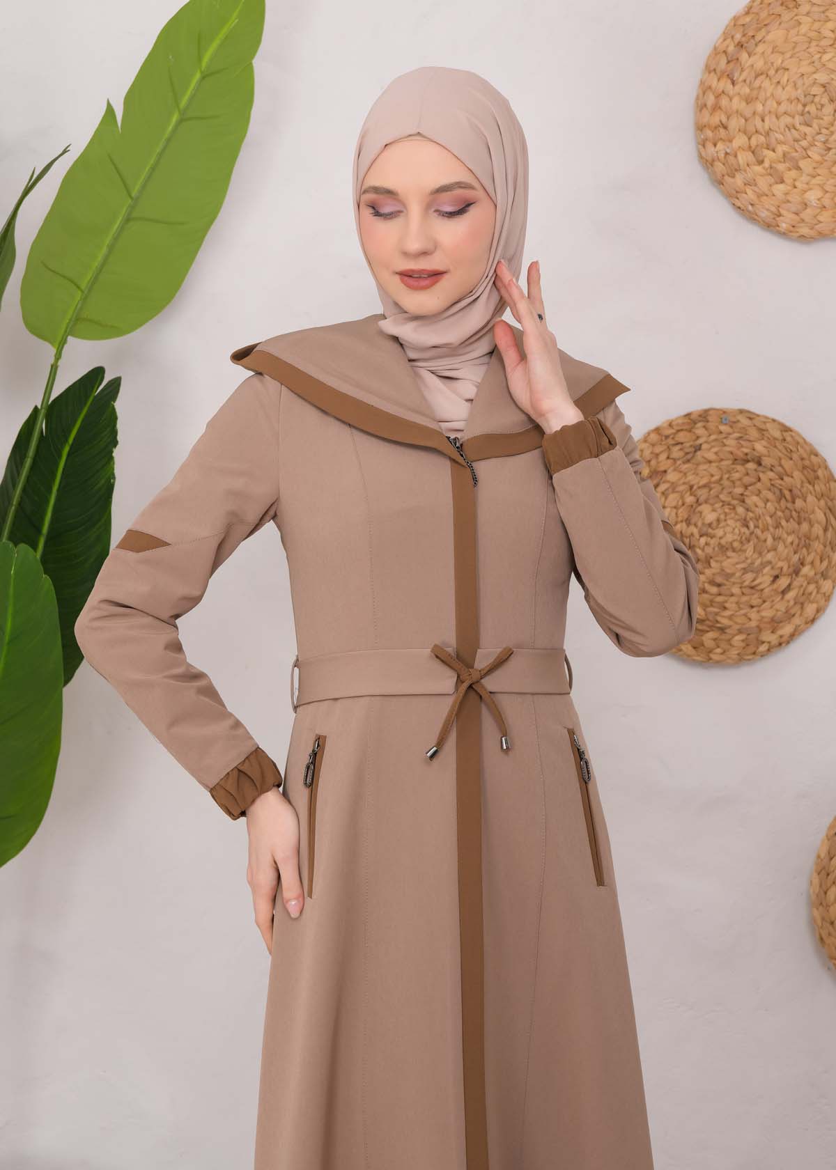 Modest linen  trench coat 1221 Açık kahverengi