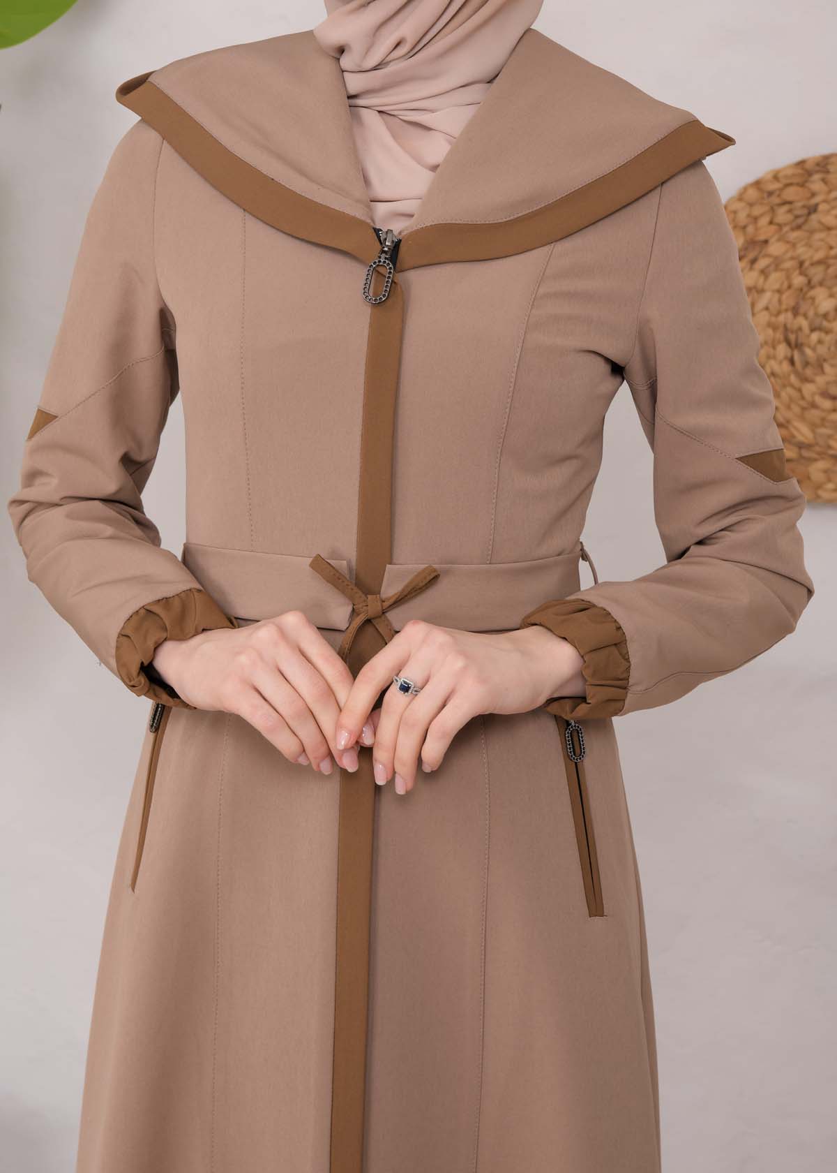 Modest linen  trench coat 1221 Açık kahverengi