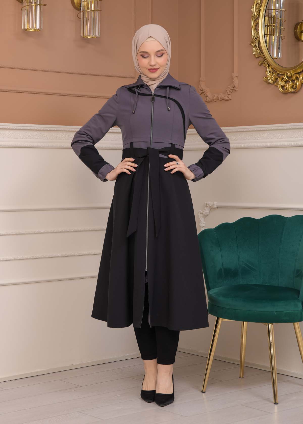 Modest Tow Colored Linen Trench Coat 1223 - Anthracite