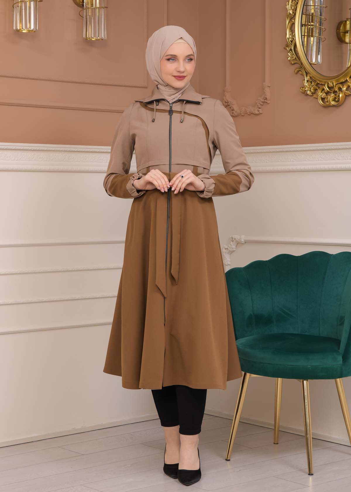 Modest Tow Colored Linen Trench Coat 1223 - Light brown