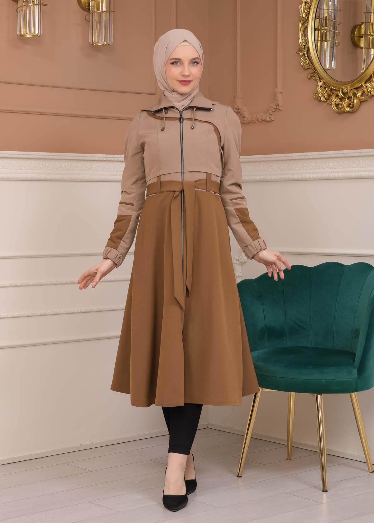 Modest Tow Colored Linen Trench Coat 1223 - Light brown