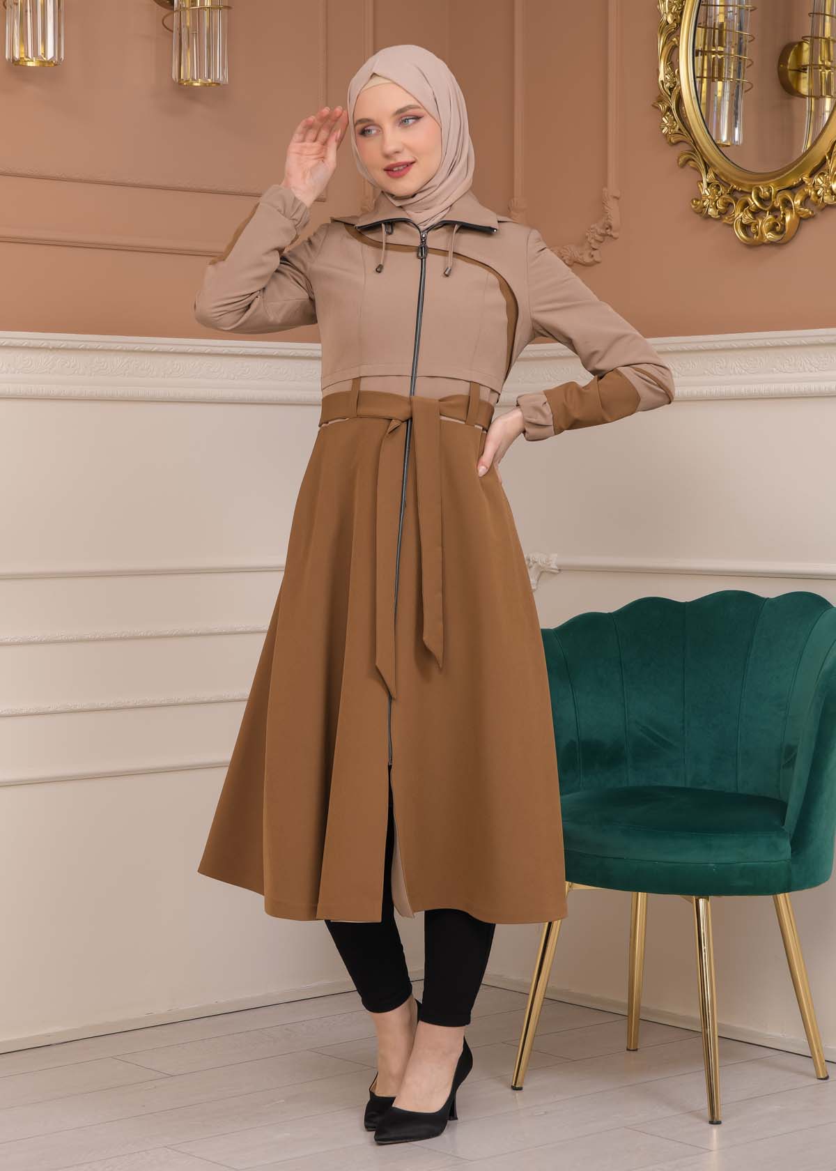 Modest Tow Colored Linen Trench Coat 1223 - Light brown