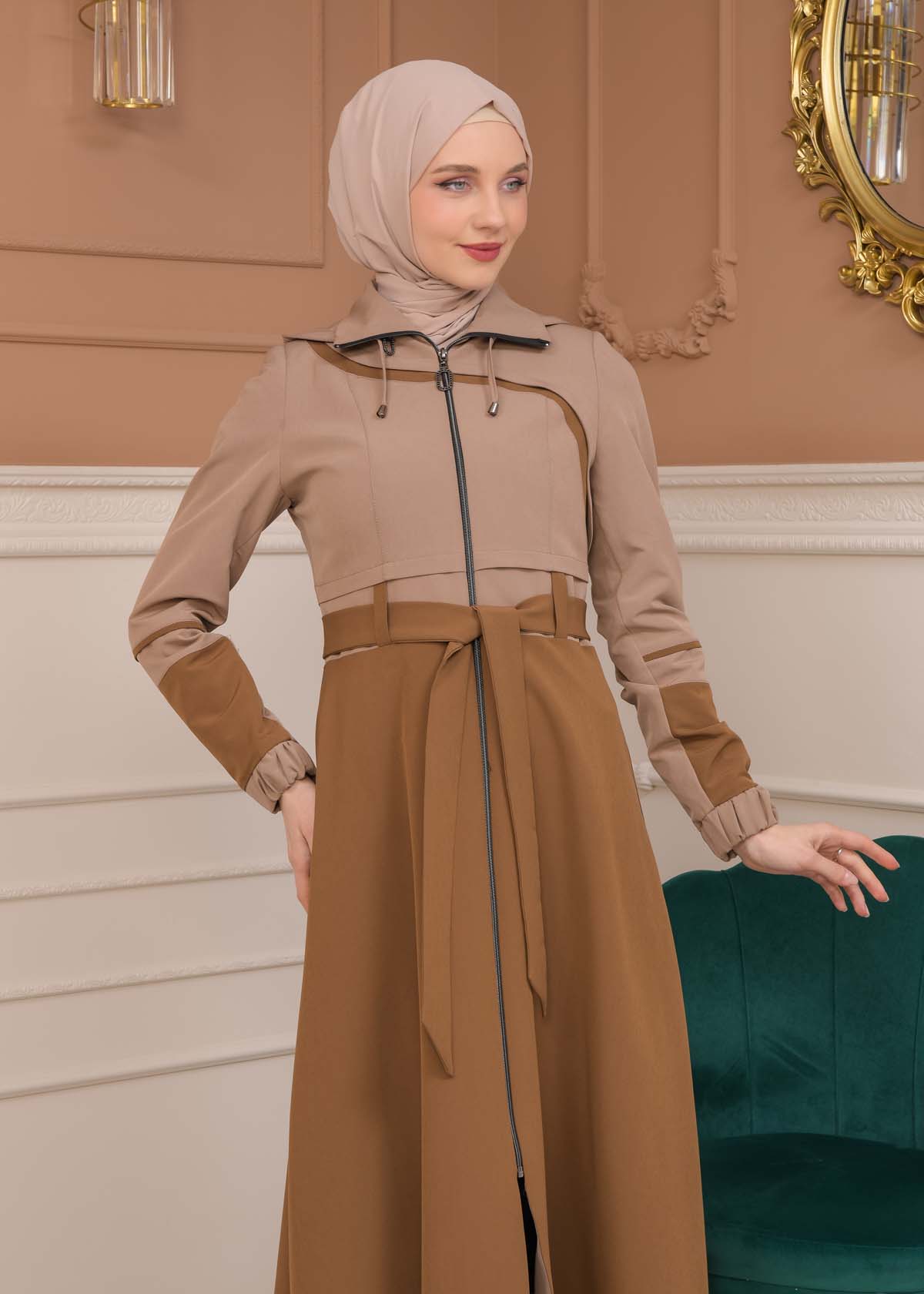 Modest Tow Colored Linen Trench Coat 1223 - Light brown