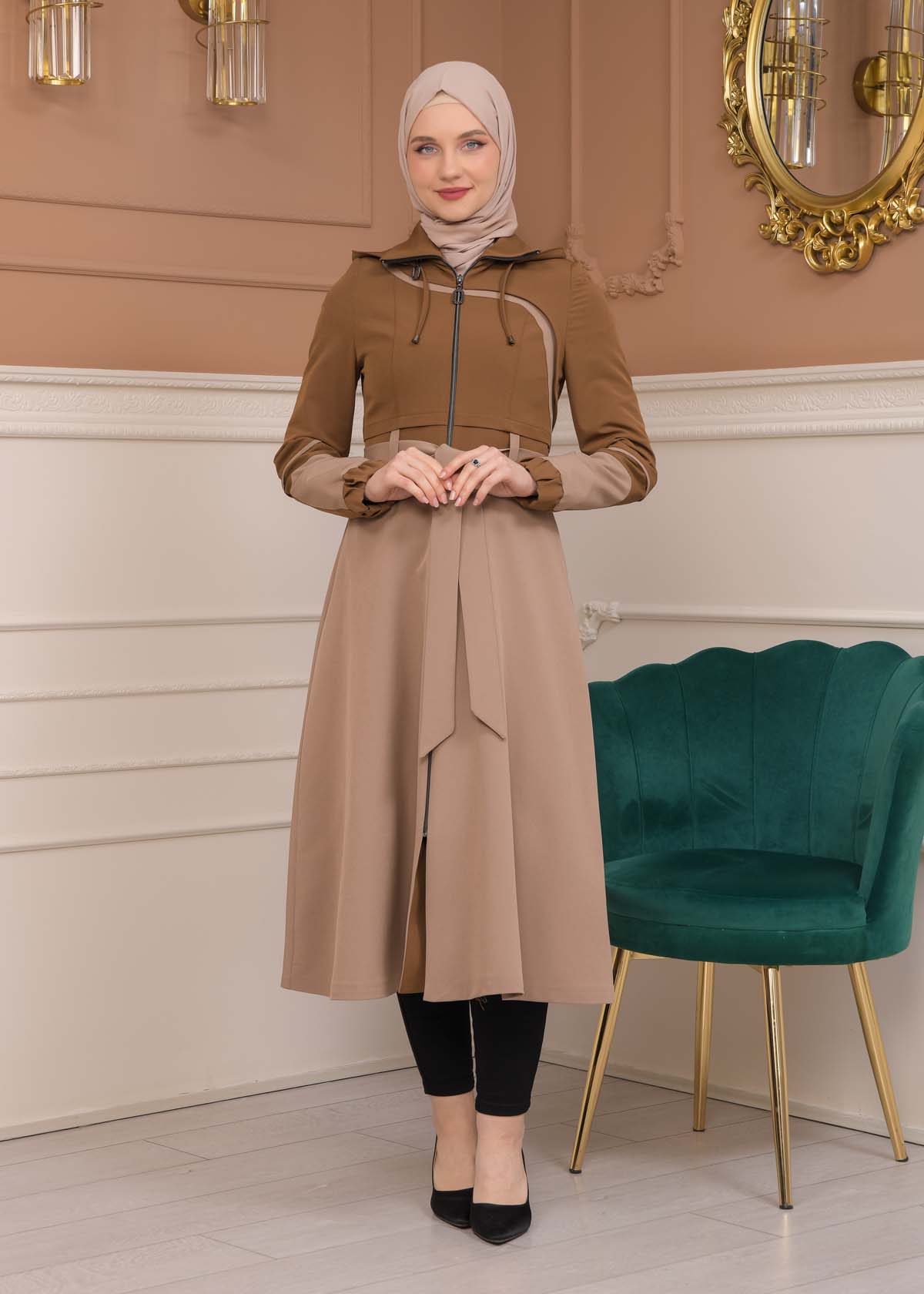 Modest Tow Colored Linen Trench Coat 1223 - tan