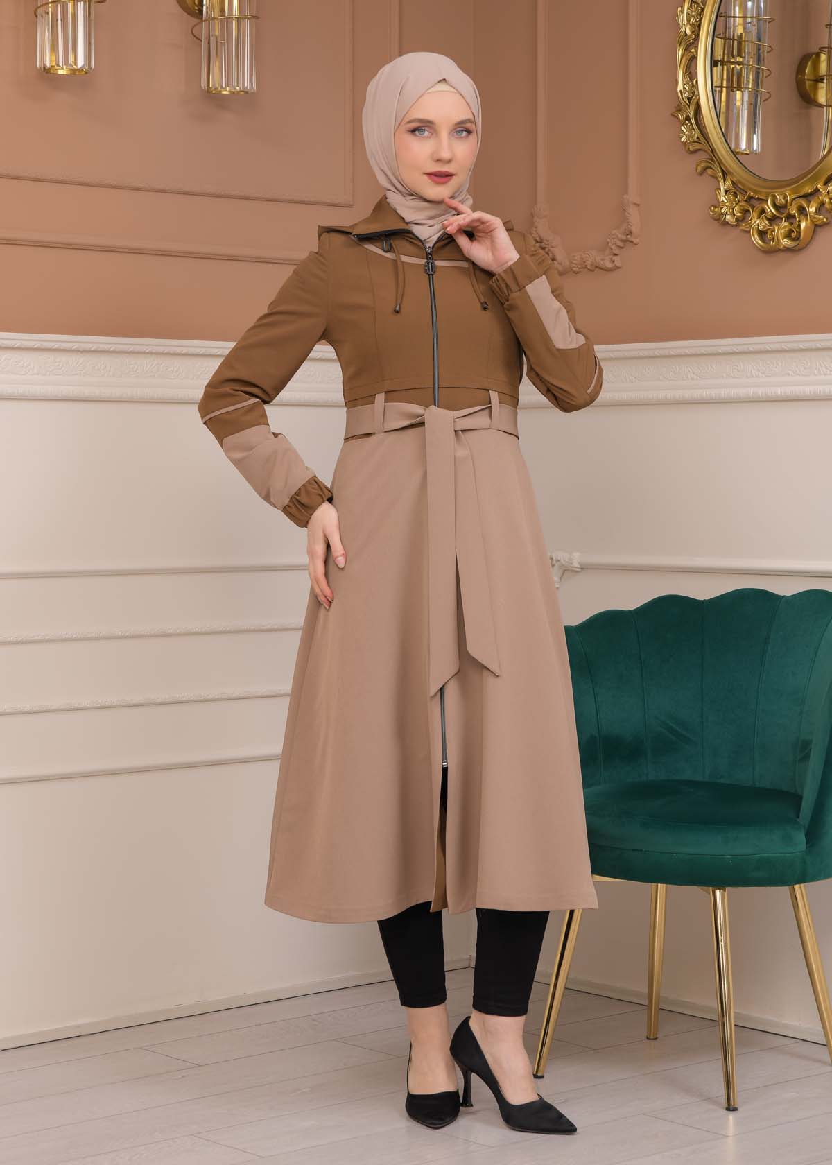 Modest Tow Colored Linen Trench Coat 1223 - tan