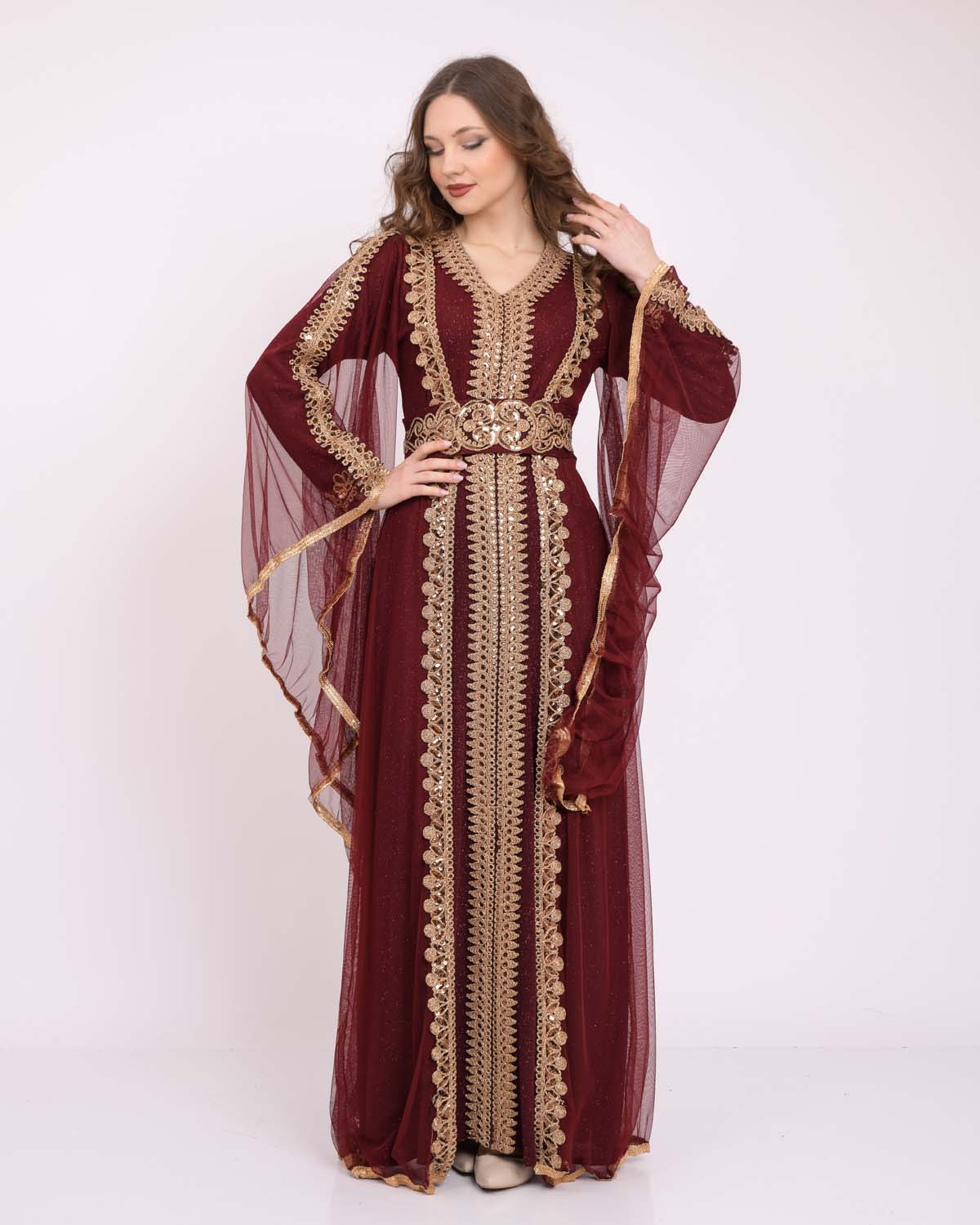 Gold embroidered Women kaftan 4100 Bordo