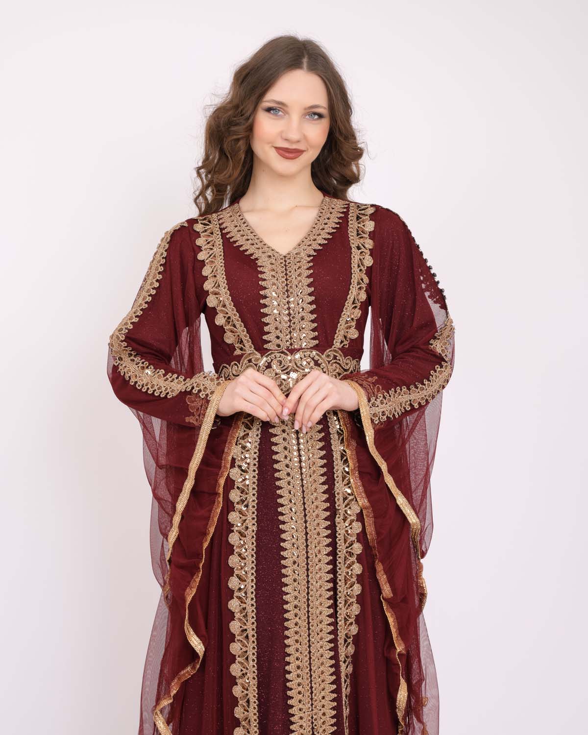 Gold embroidered Women kaftan 4100 Bordo