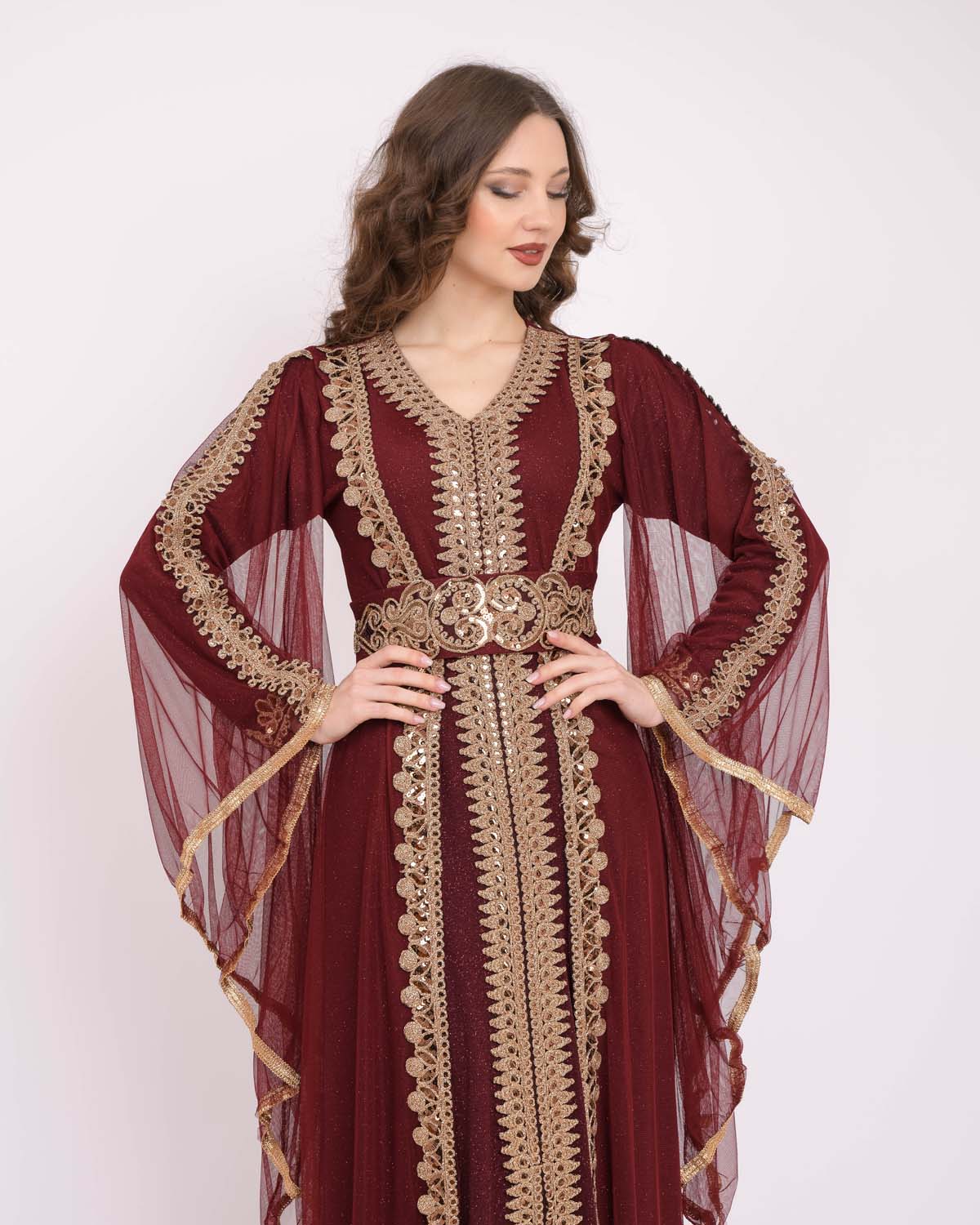 Gold embroidered Women kaftan 4100 Bordo