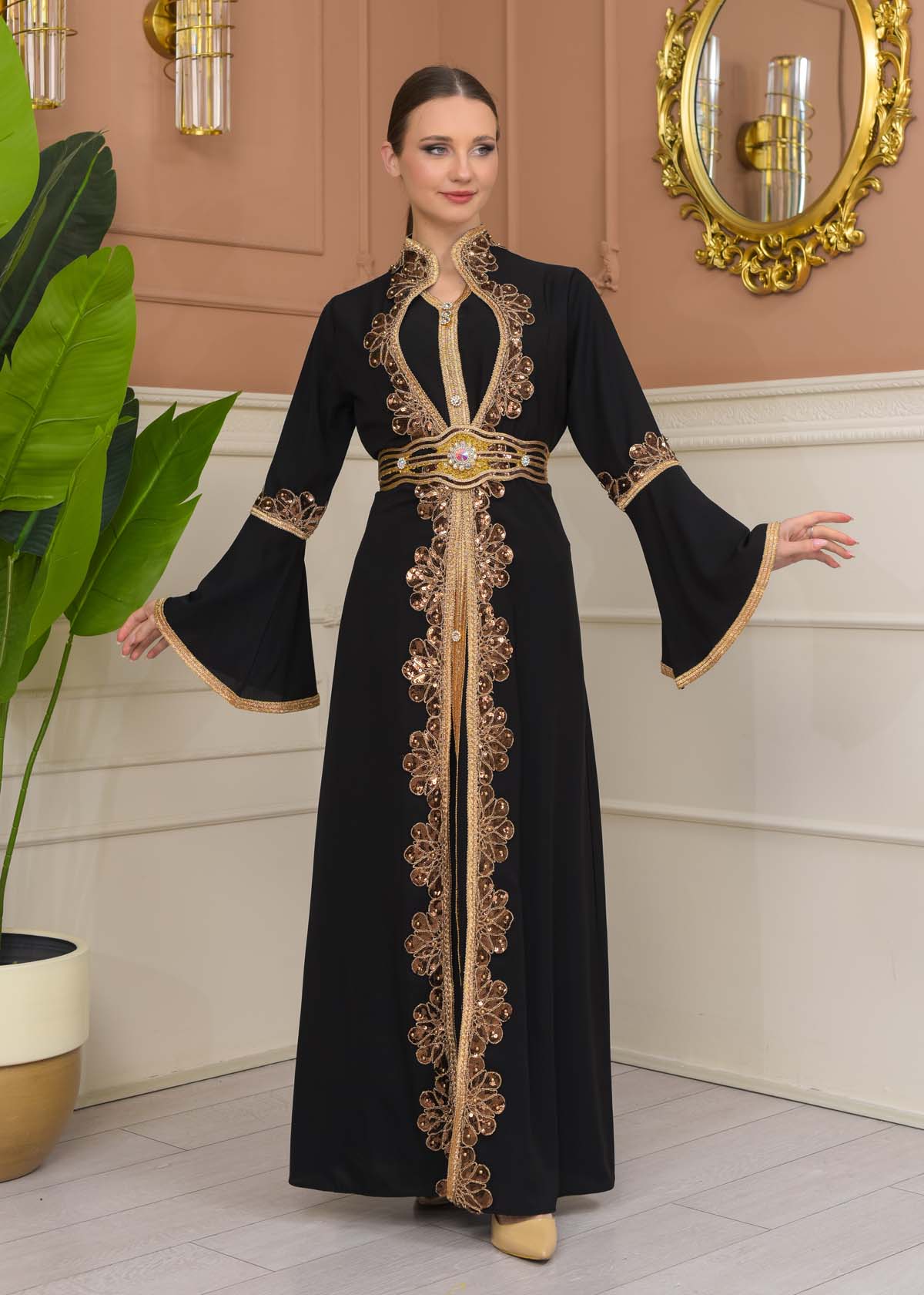 Altın işlemli  kaftan Abiye Elbise 4110 - Siyah