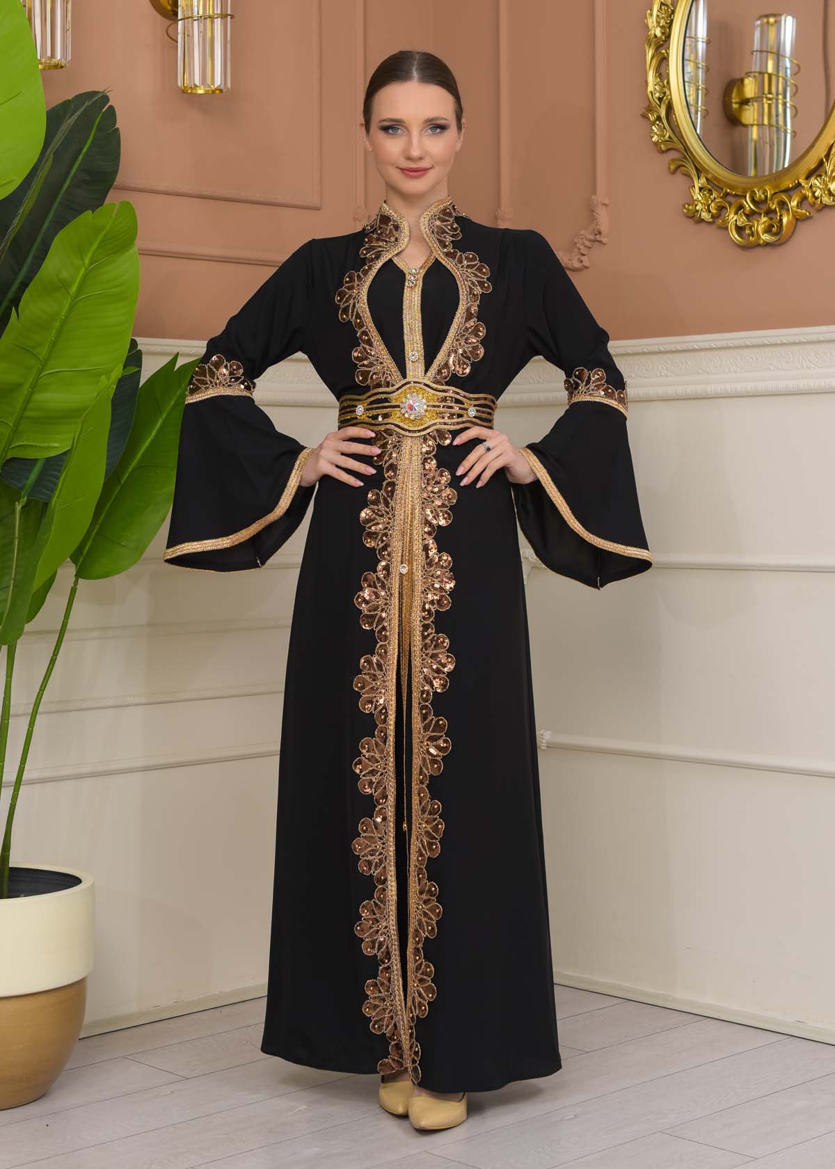 Altın işlemli  kaftan Abiye Elbise 4110 - Siyah