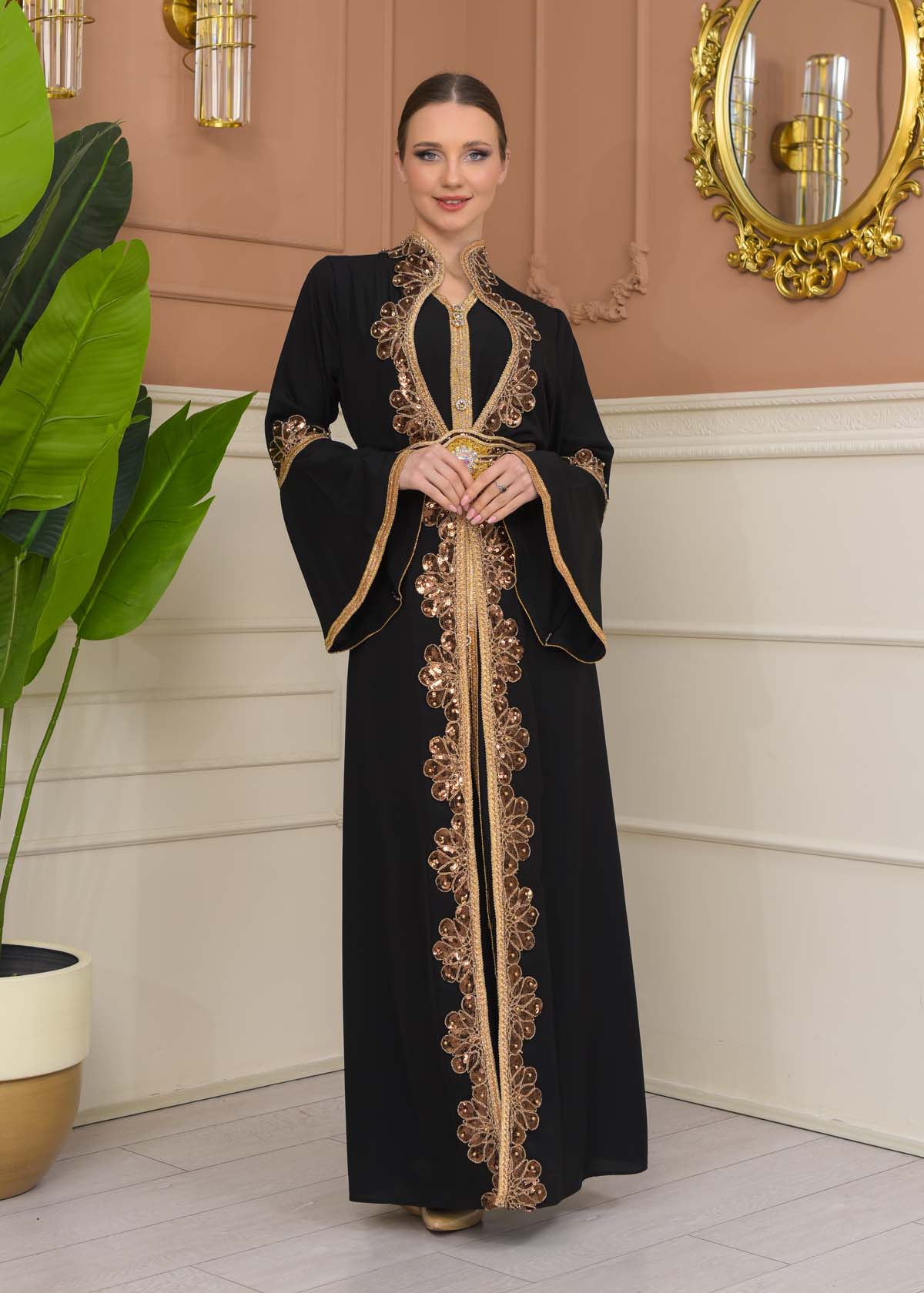 Altın işlemli  kaftan Abiye Elbise 4110 - Siyah