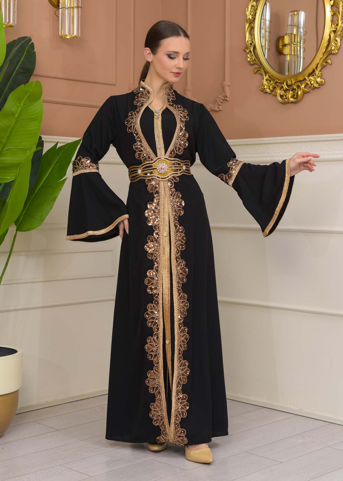 Altın işlemli  kaftan Abiye Elbise 4110 - Siyah