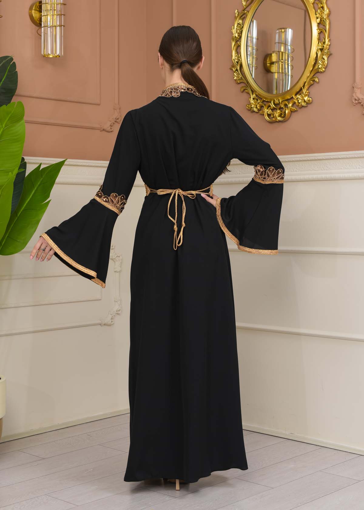 Altın işlemli  kaftan Abiye Elbise 4110 - Siyah