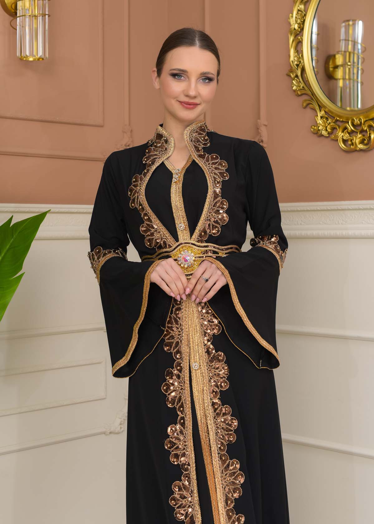 Gold-embroidered kaftan Abiye4110 - black