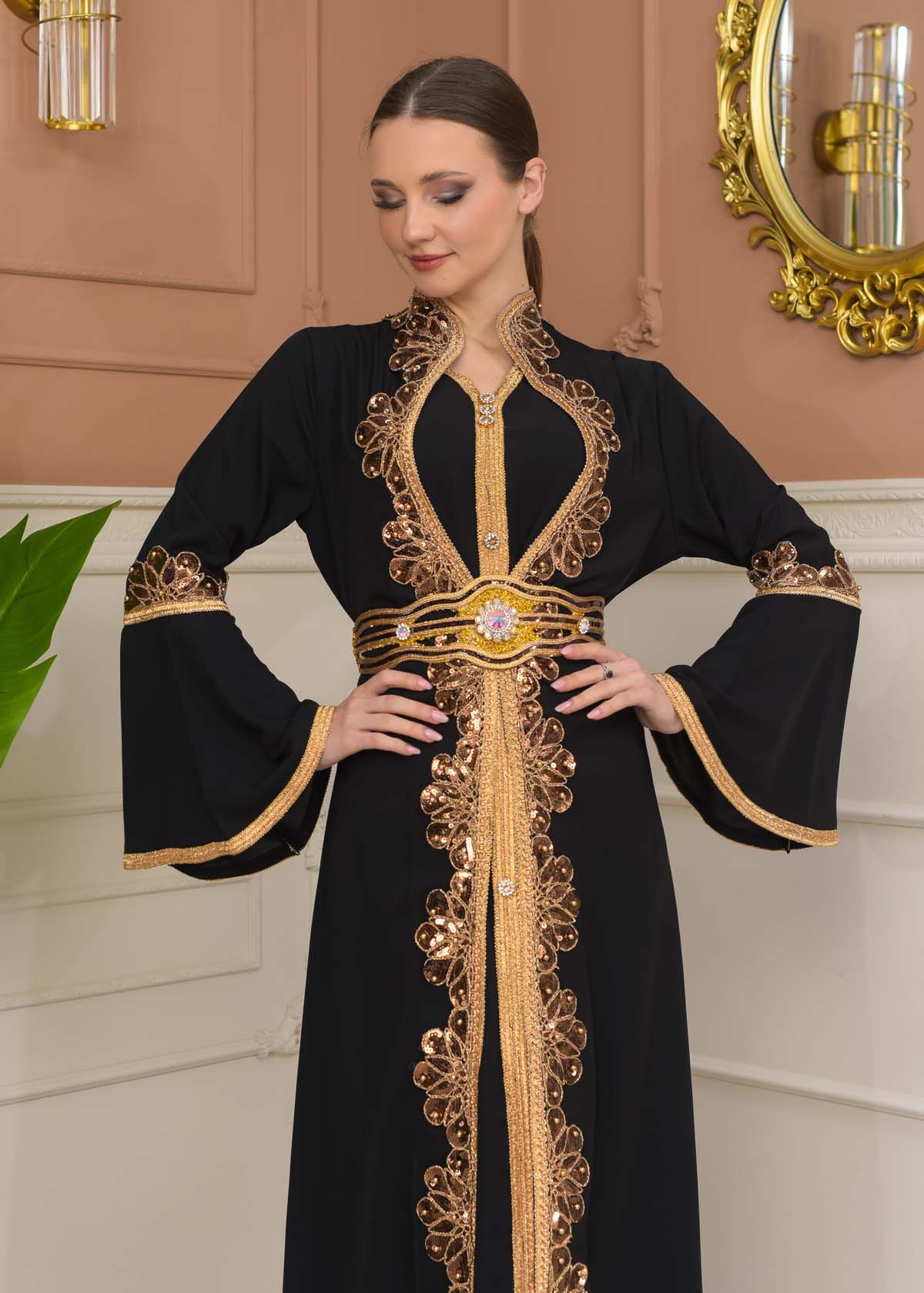 Altın işlemli  kaftan Abiye Elbise 4110 - Siyah