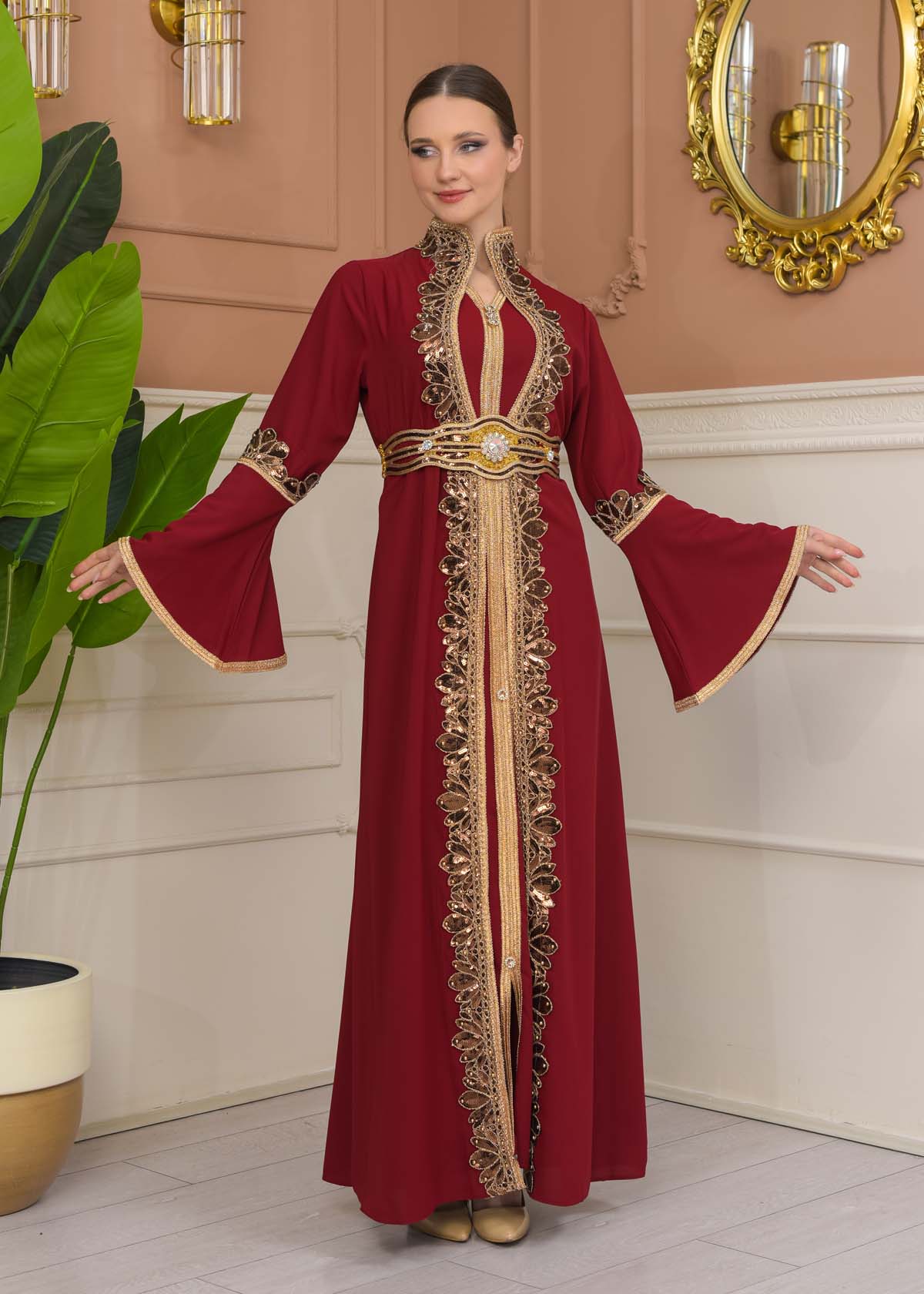 Altın işlemli  kaftan Abiye Elbise 4110 - Bordo