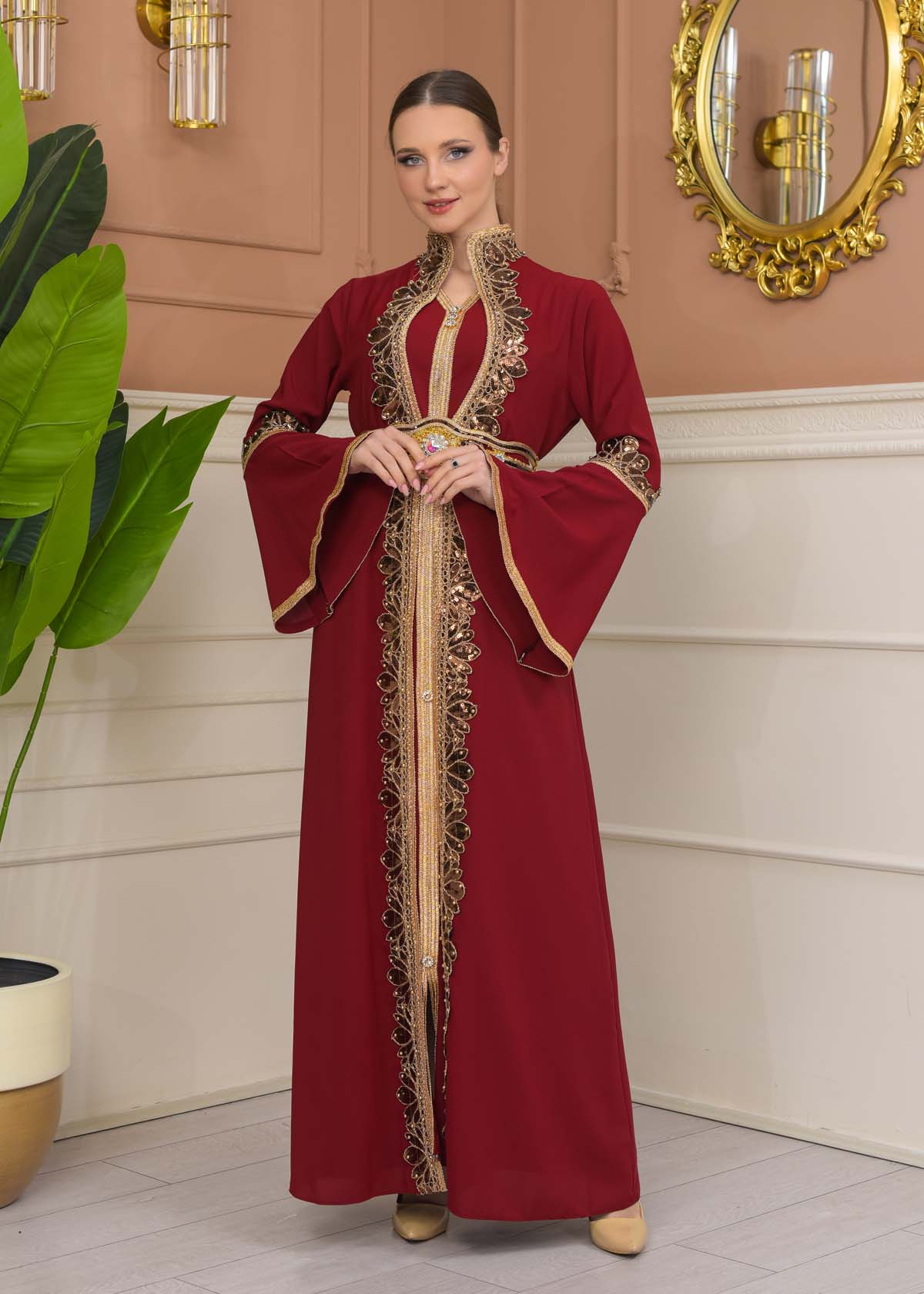 Altın işlemli  kaftan Abiye Elbise 4110 - Bordo