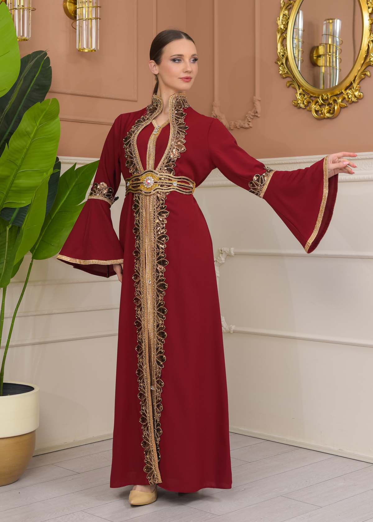 Altın işlemli  kaftan Abiye Elbise 4110 - Bordo