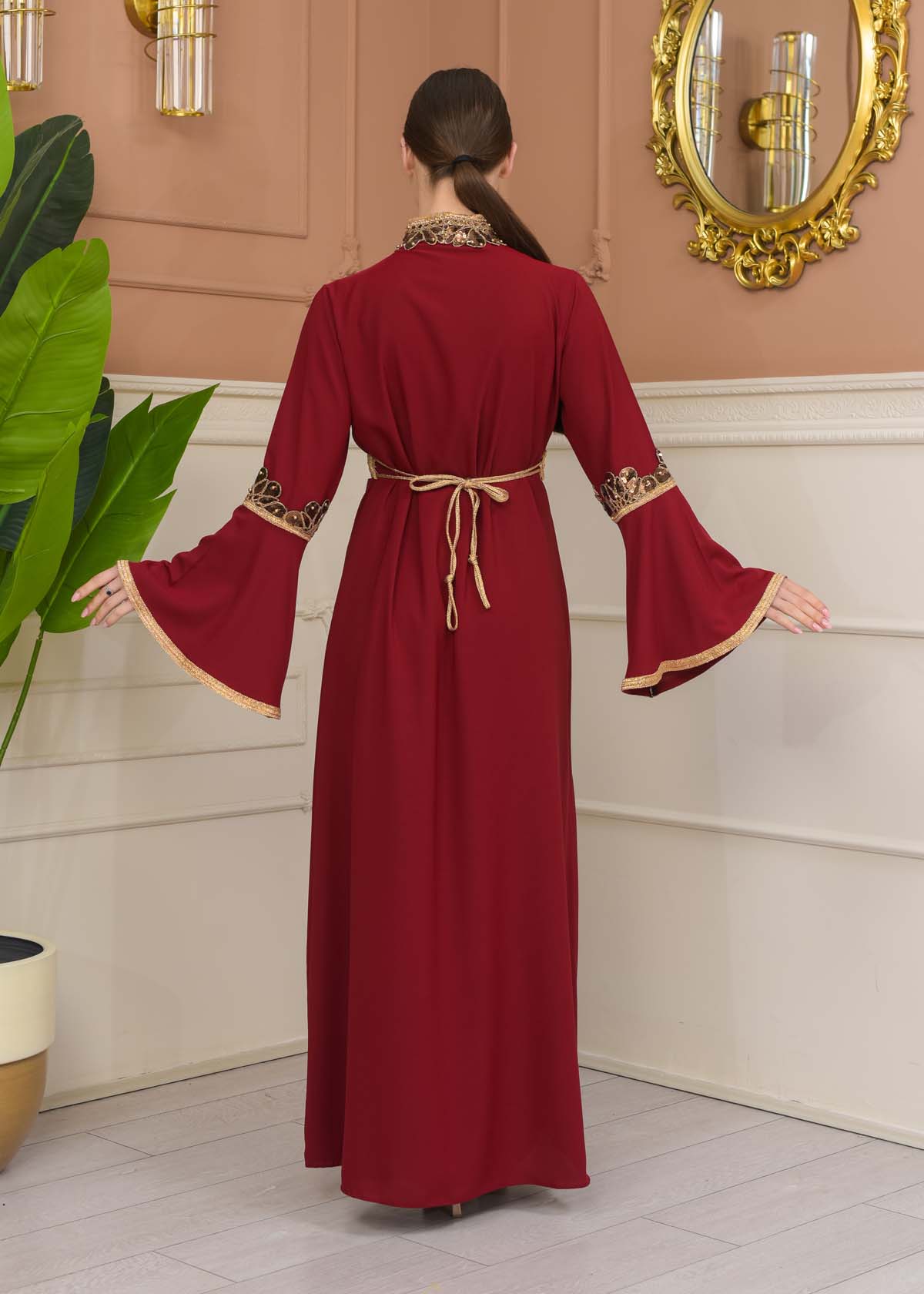 Altın işlemli  kaftan Abiye Elbise 4110 - Bordo