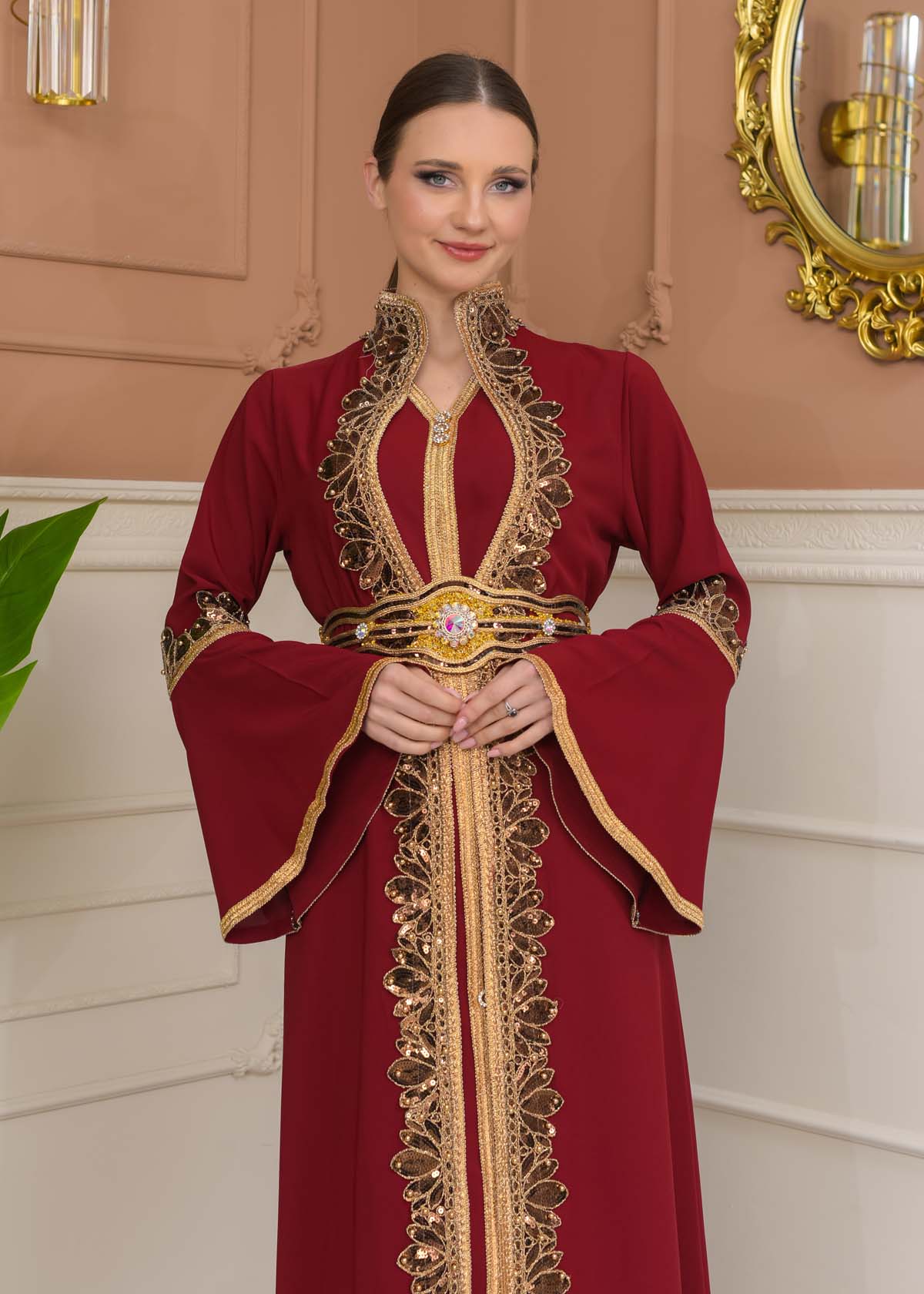 Altın işlemli  kaftan Abiye Elbise 4110 - Bordo