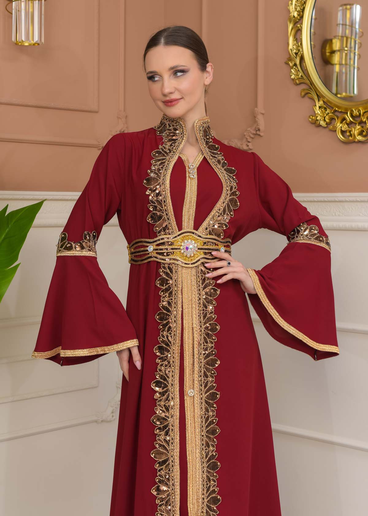 Altın işlemli  kaftan Abiye Elbise 4110 - Bordo