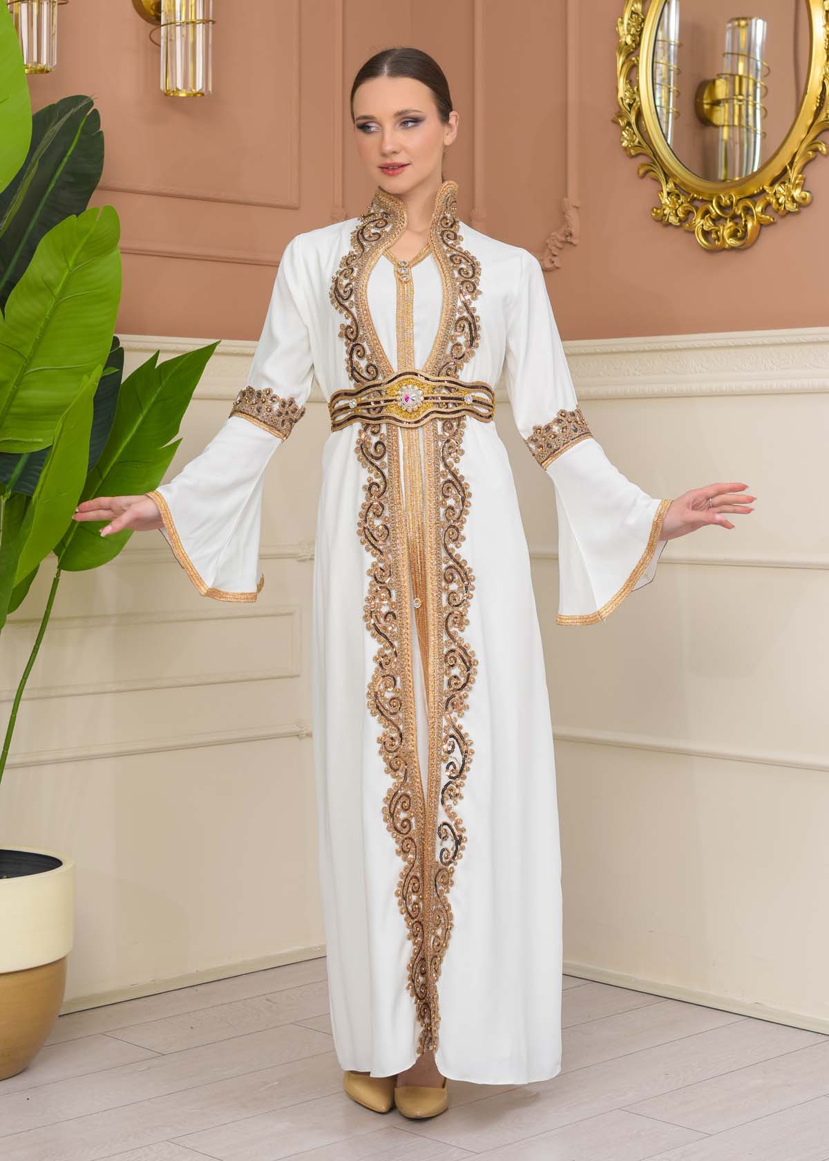 Gold-embroidered kaftan Abiye4110 - white