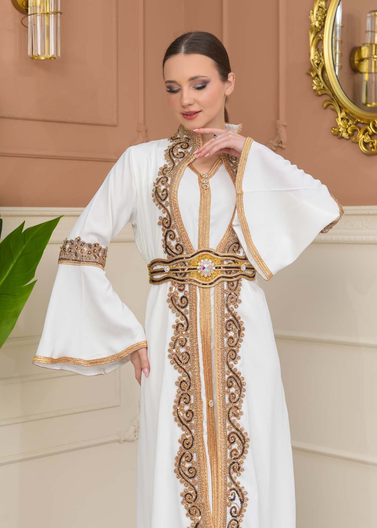 Altın işlemli  kaftan Abiye Elbise 4110 - Beyaz