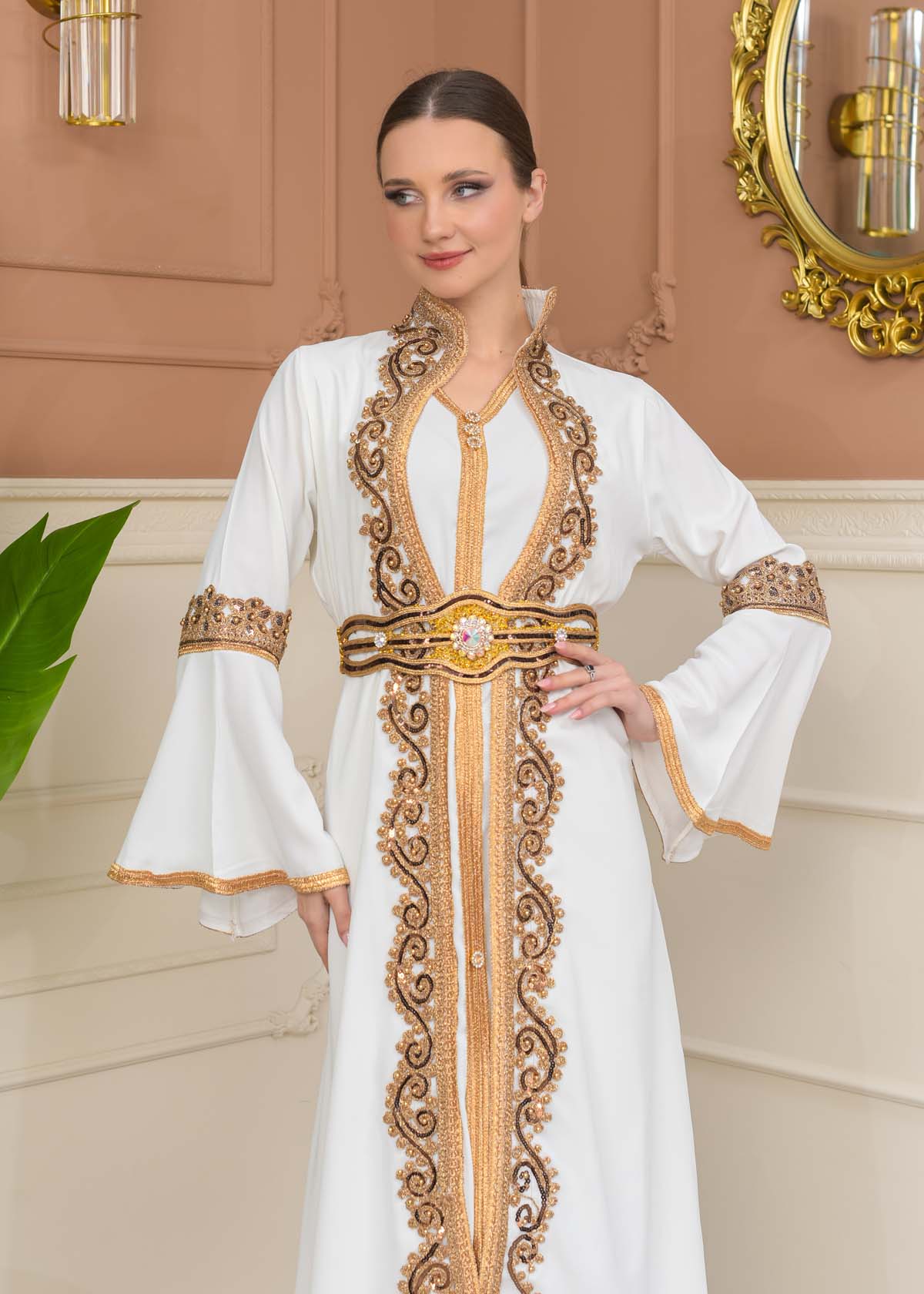 Altın işlemli  kaftan Abiye Elbise 4110 - Beyaz